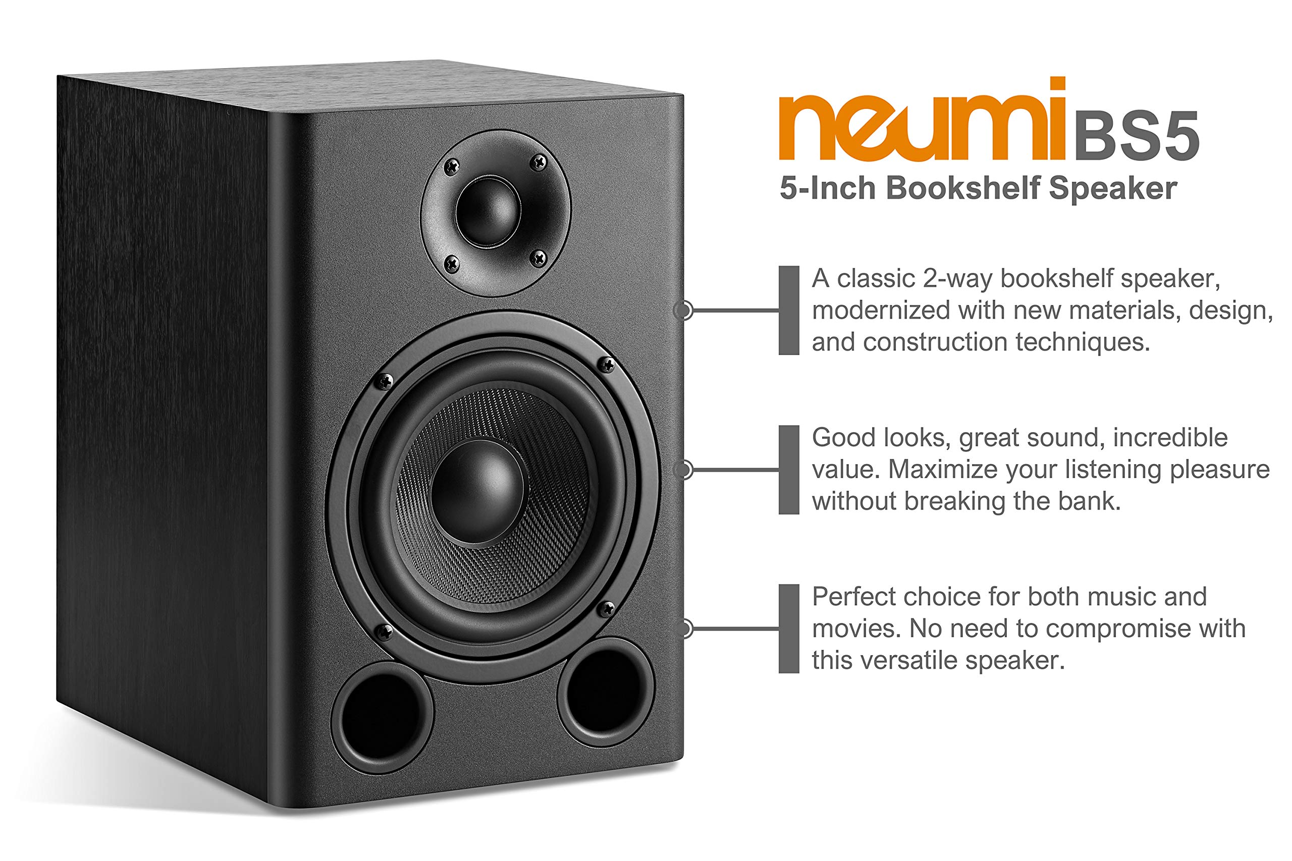 Neumi Bs5 Passive Bookshelf Speakers, 5 Inch Woofer, 1 Inch Tweeter, Dark Wood, 1 Pair