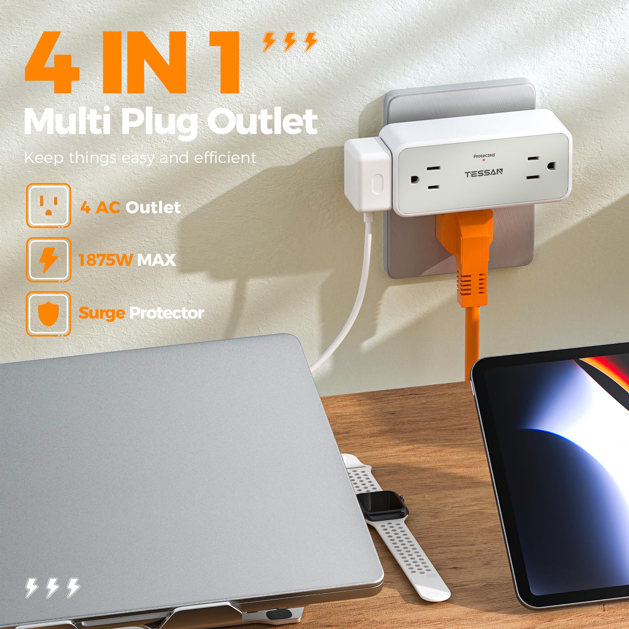 Surge Protector Outlet Extender, Tessan Multi Plug Wall Outlet With 4 Widely Spaced Adapter, 900J Wall Charger, Multiple Plug Sp