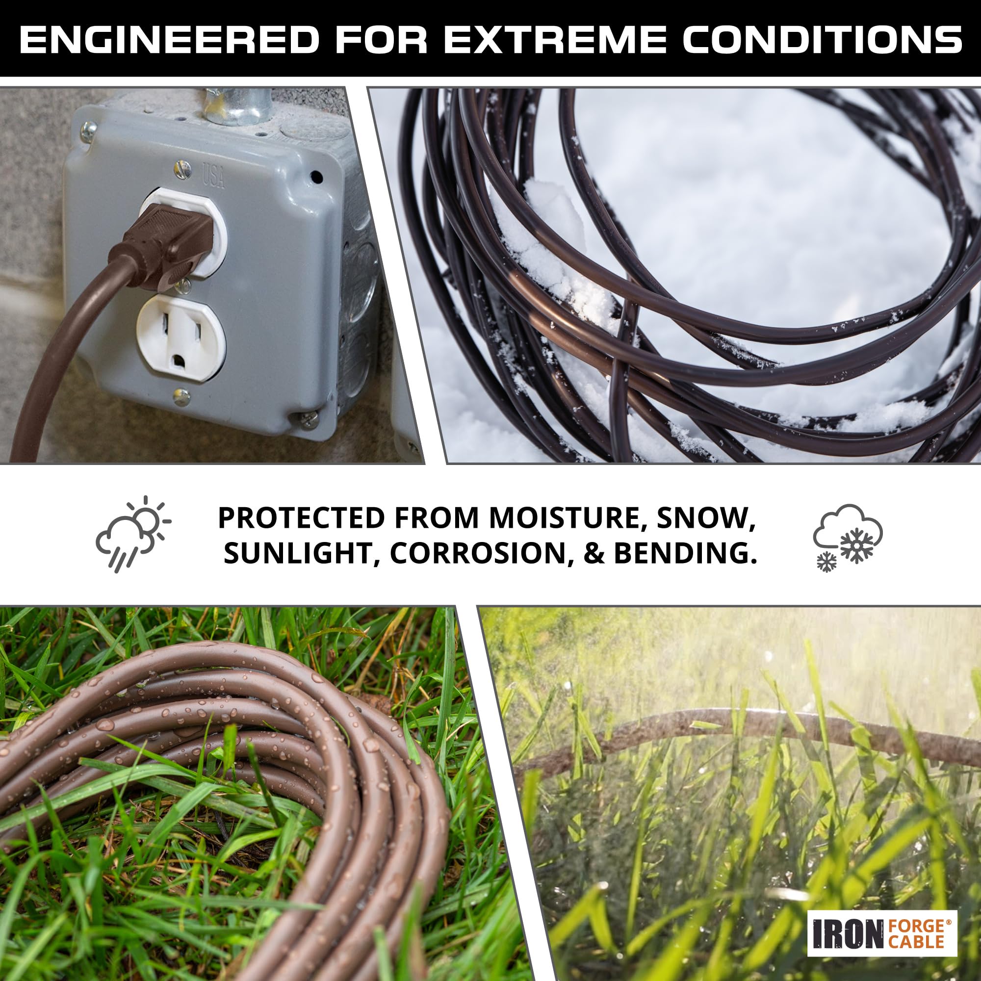 Iron Forge Cable Brown Outdoor Extension Cord 200 Ft, 16/3 Sjtw 200 Foot Dark Brown Exterior Extension Cord 3 Prong, Weatherproo