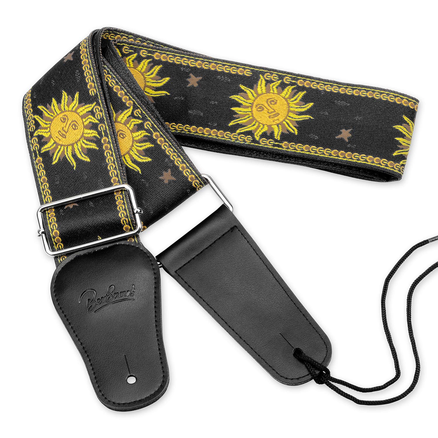 BestSounds Adjustable Sun Jacquard Guitar Strap With Genuine Leather Ends For Bass, Acoustic Classical & Electric Guitar