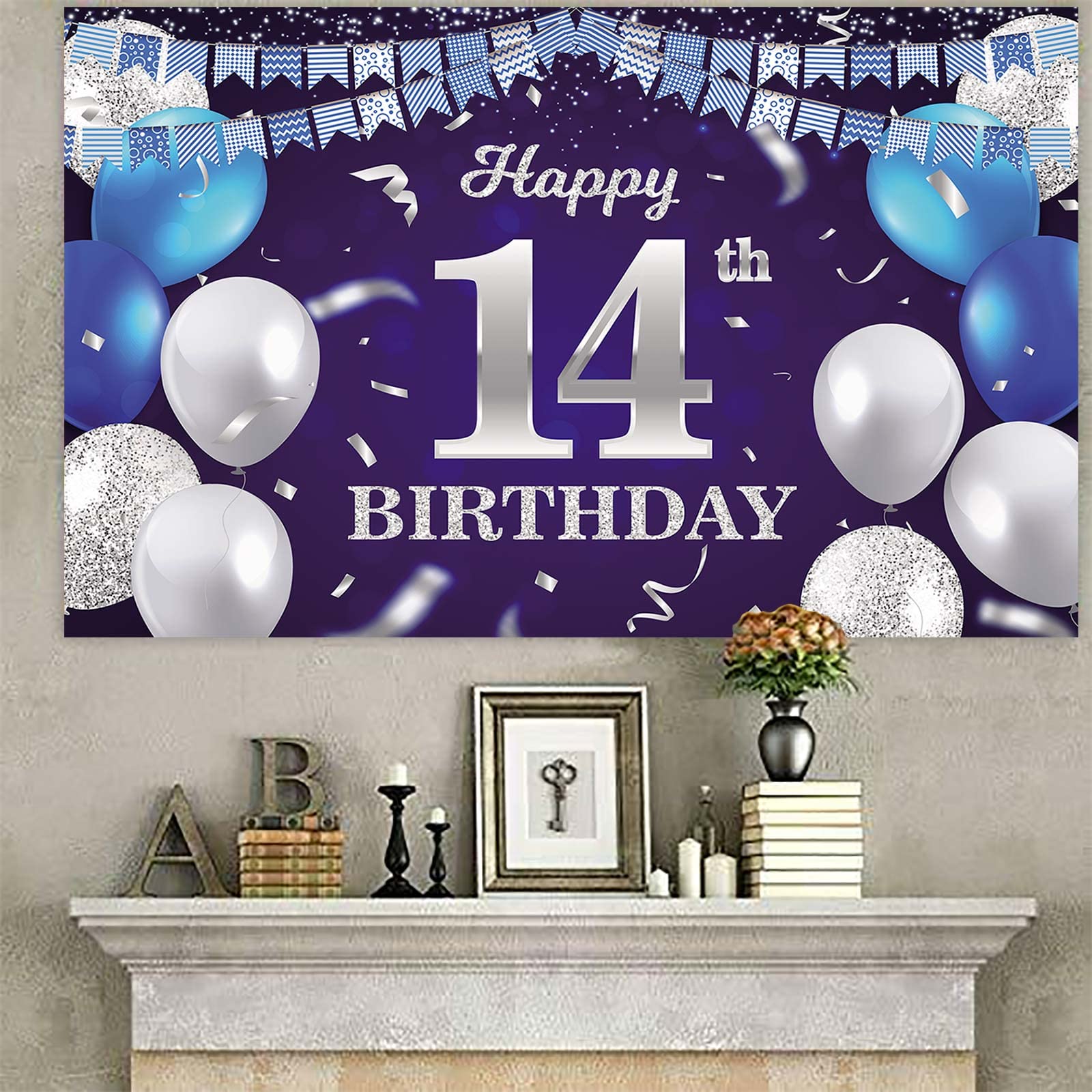 Happy 14Th Birthday Banner Backdrop Navy Blue Balloons Confetti Stripe Flag Light Spots Cheers To 14 Years Old Theme Decorations
