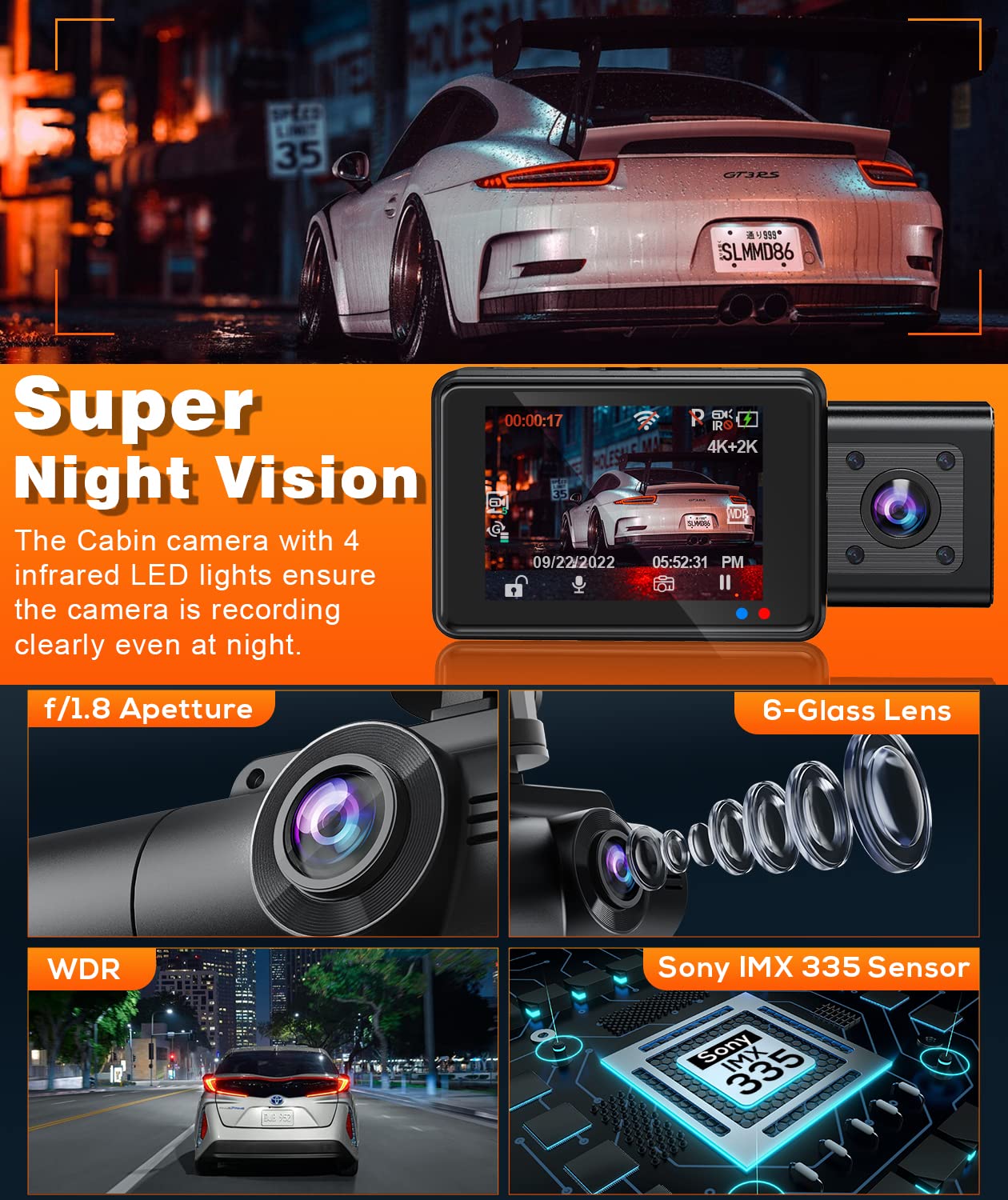 Moplasz 3 Channel 4K Dash Cam Built In Wifi Gps, Full Hd 4K+2K Front And Rear Dash Camera For Cars, 2K+1080P+2K Three Way Camera