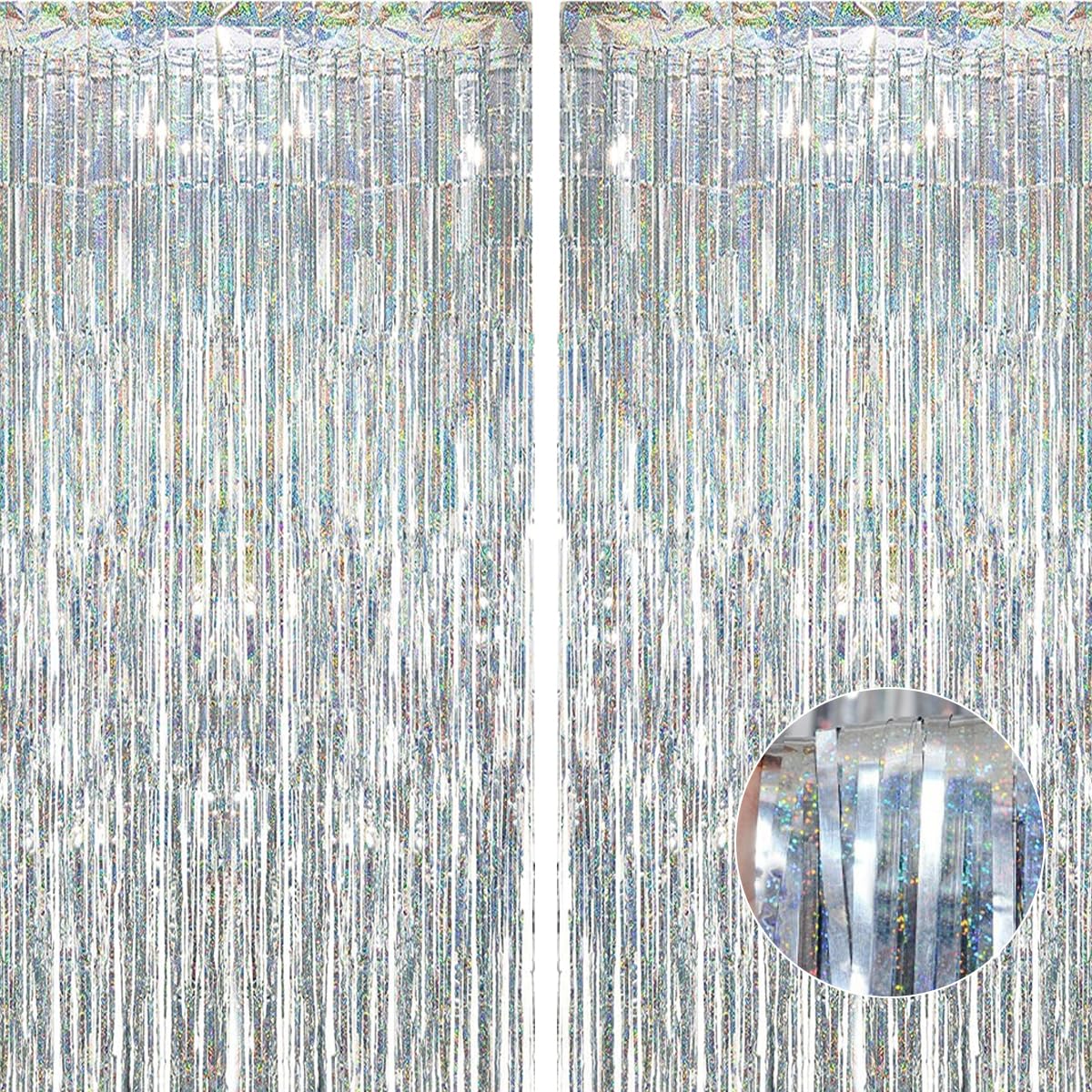 Silver Thicken Glittering Tinsel Foil Fringe Curtain Party Decorations 3.2X8.2Ft   2 Pack, Photo Backdrop For Birthday Bachelore