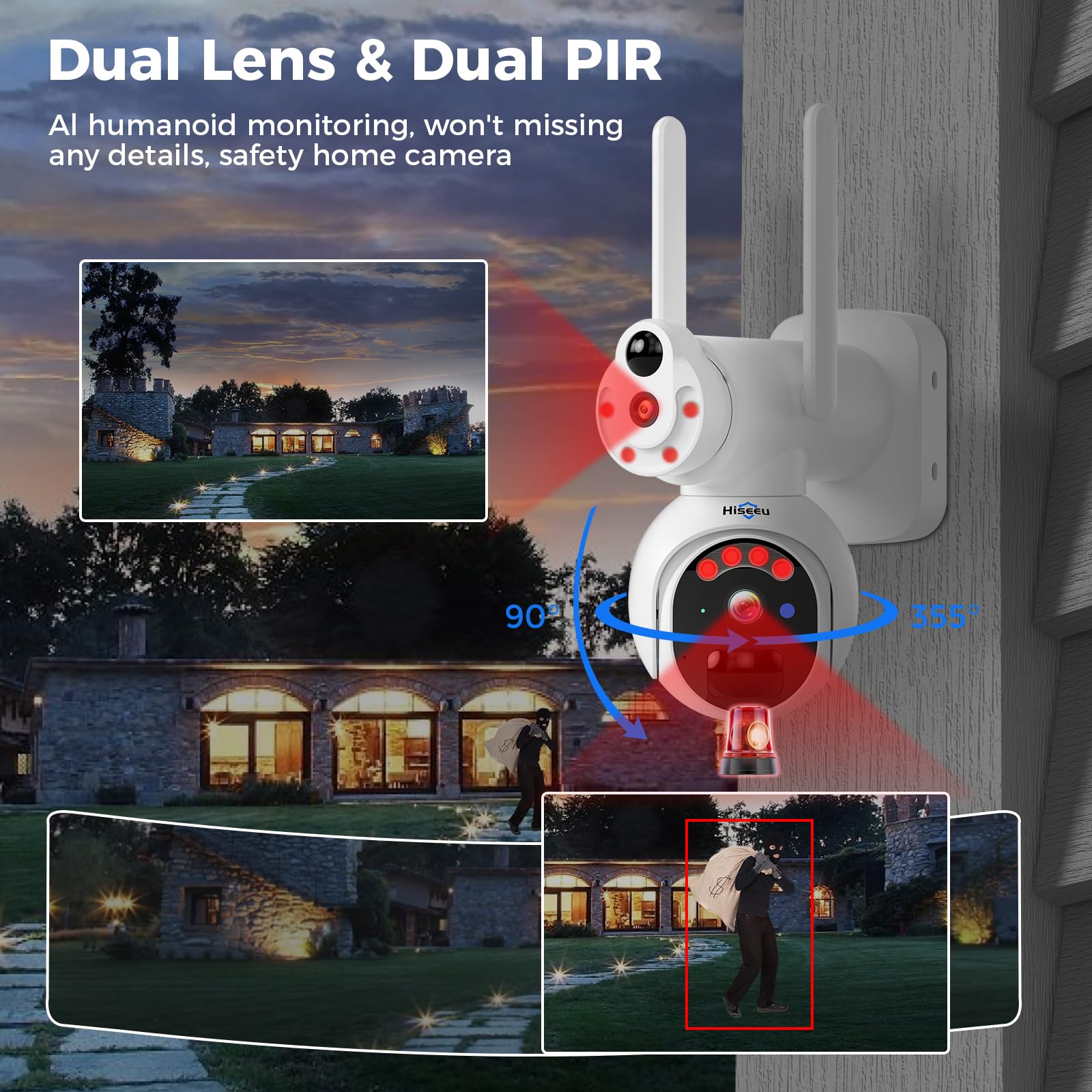 Hiseeu No Wifi Security Cameras Wireless Outdoor, Dual Lens 4G Cellular Security Camera Solar Powered Work Without Wifi, 360Ptz,