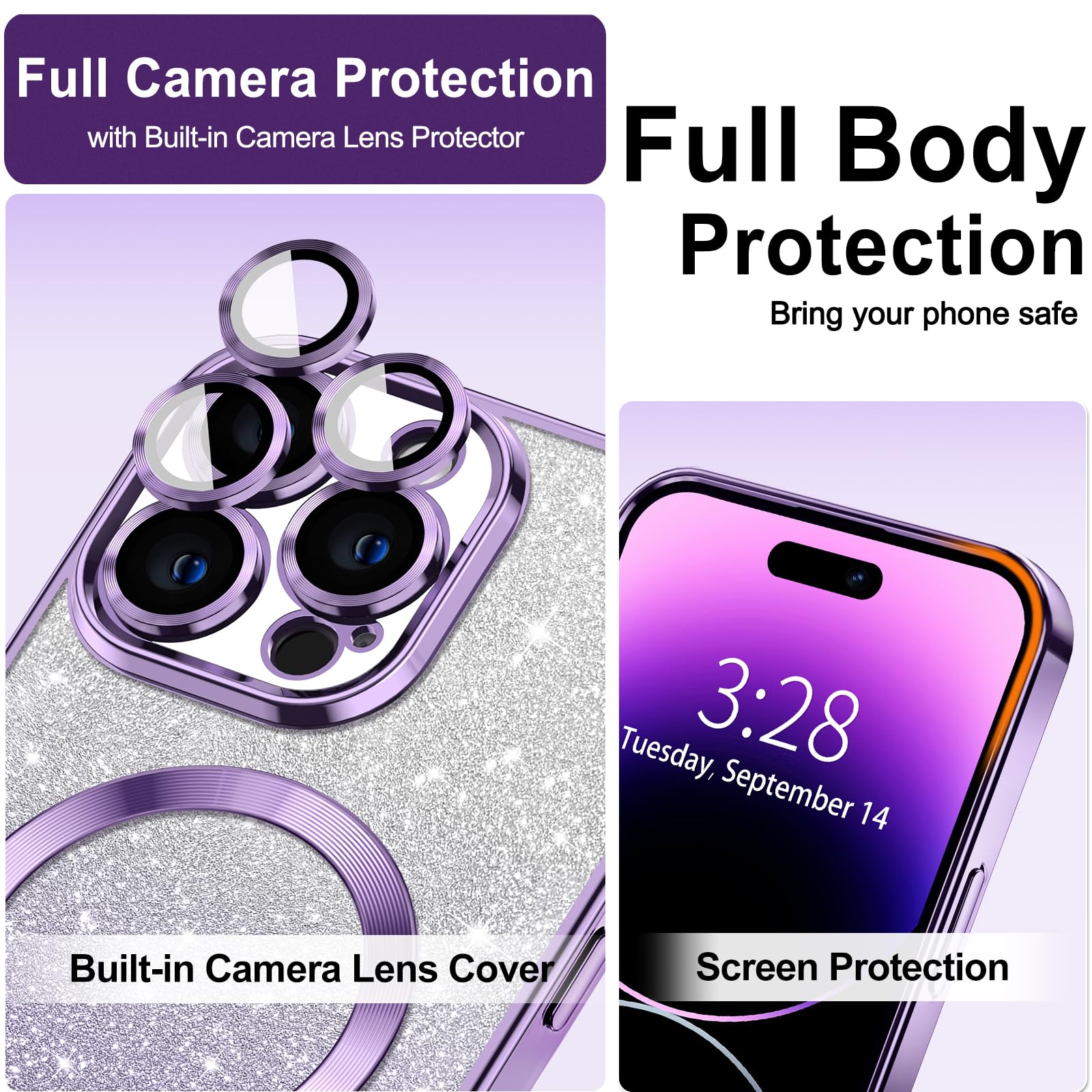 Hython For Iphone 14 Pro Max Case Clear Magnetic Glitter Phone Cases [Compatible With Magsafe] Full Camera Lens Protector Slim G