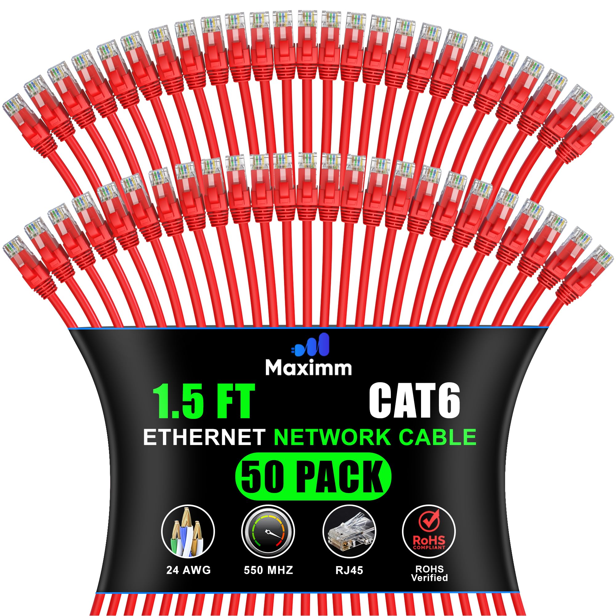 Maximm Cat 6 Ethernet Cable 1.5 Ft, (50-Pack) Cat6 Cable, LAN Internet and Network - UTP (Red) 1.5 Feet