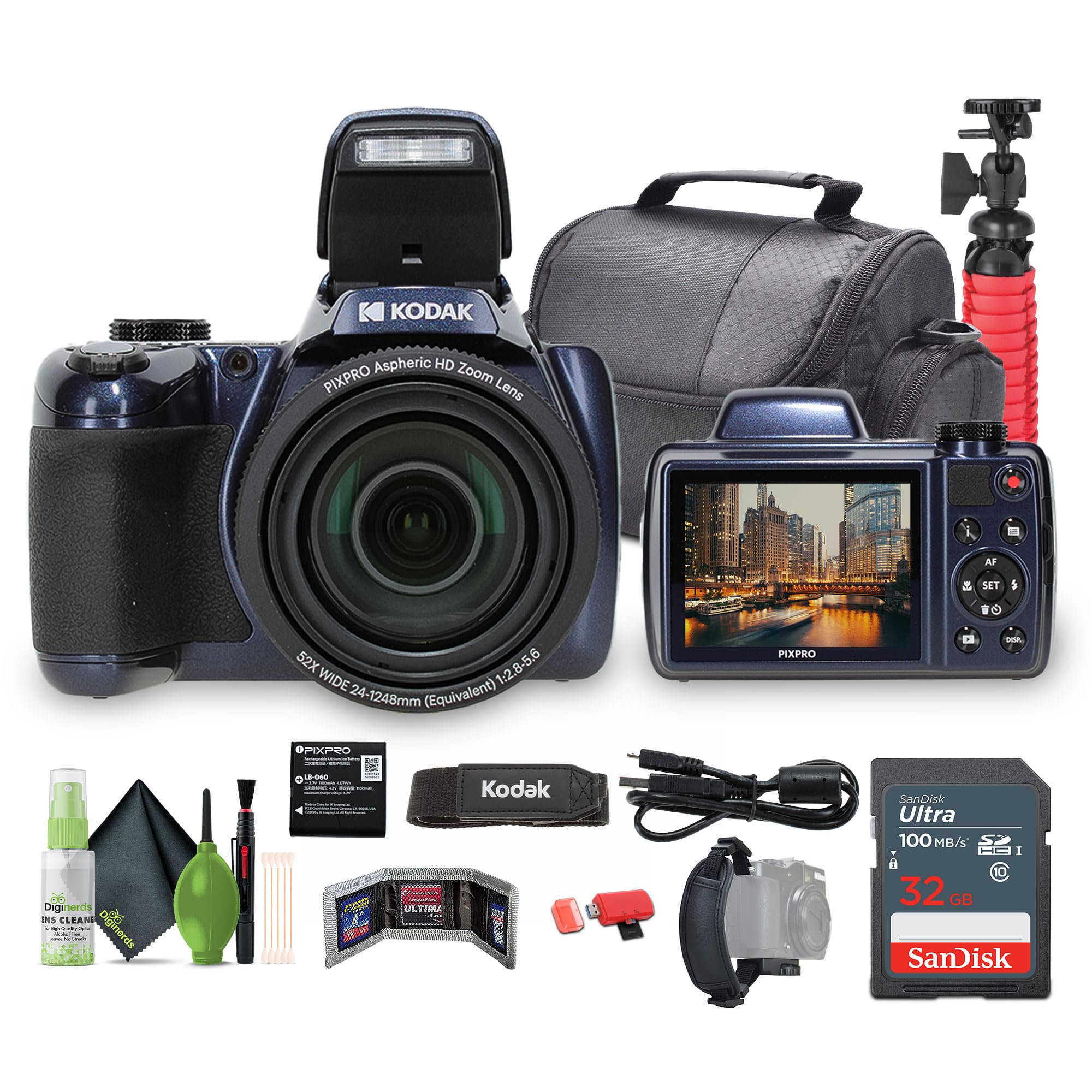 KODAK PIXPRO AZ528 Astro Zoom BSI-CMOS Bridge Vlogging Digital Camera 16MP 52X 1080p Wi-Fi (Midnight Blue) Bundle with 32GB Memo