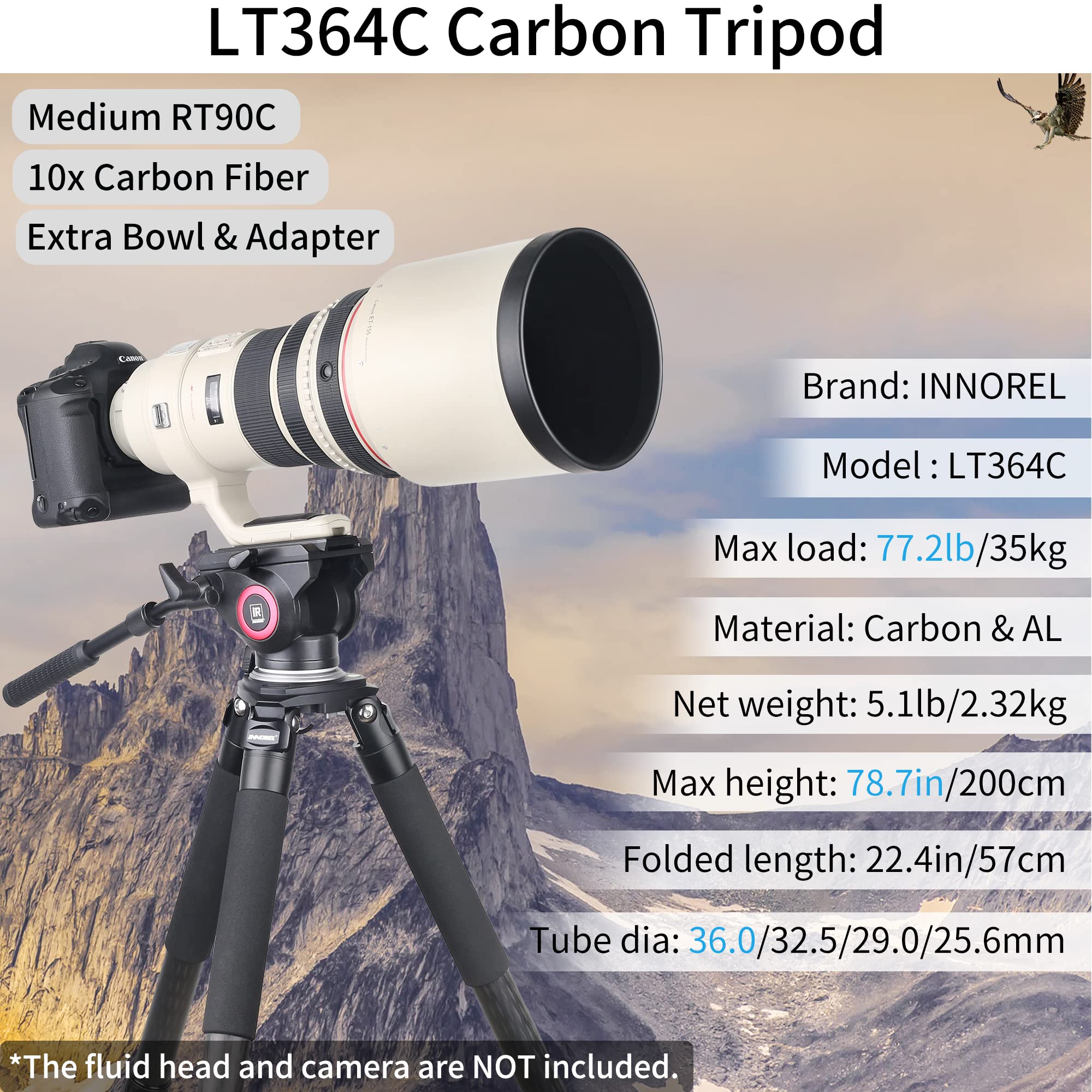 Carbon Fiber Tripod Lt364C Small Size Rt90C Professional Heavy Duty Tripods Stable Compact Stand With 75Mm Bowl Adapter For Video Camera Bird Photography Dslr 36Mm Tube 77.2Lb/35Kg Load, No Mid Column