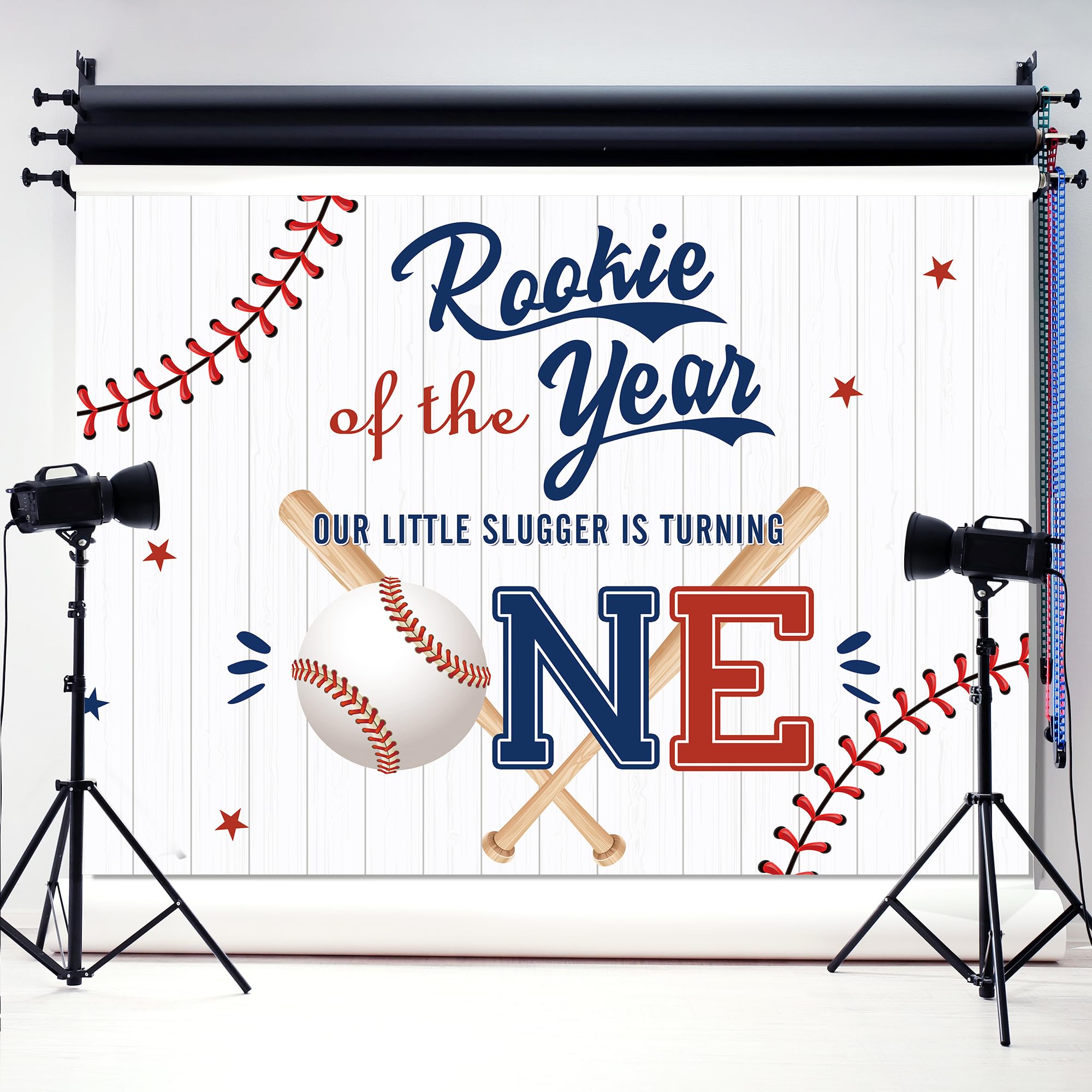 Lightinhome Baseball 1St Birthday Backdrop 7Wx5H Feet Rookie Of The Year Blue Red Wooden Plank Slugger Is Turning One Boys Bday