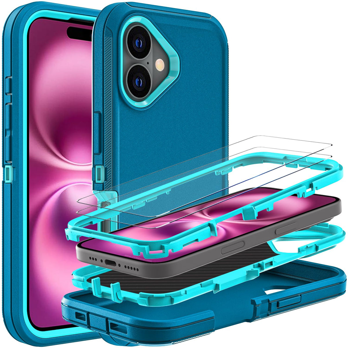 Ykhjklec For Iphone 16 Plus Case, Military Grade 3 In 1 Heavy Duty Shockproof/Drop Proof/Dust Proof Case With 2Pcs Tempered Glas