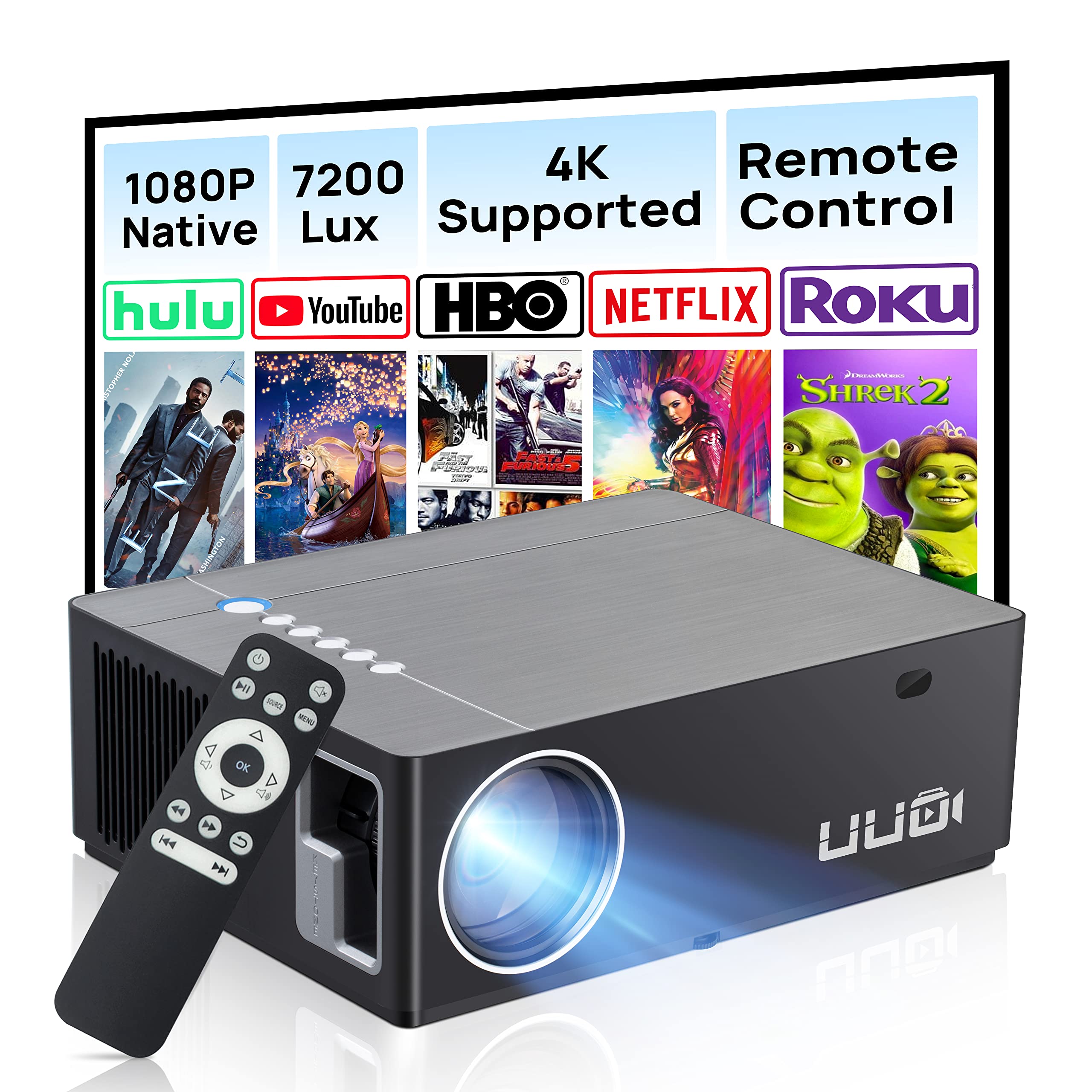 Uuo 4K Projector,Native 1080P Projector For Outdoor Home,Movie Projector Support 4K Hd Video 50 Digital Keystone & 300 Projectio
