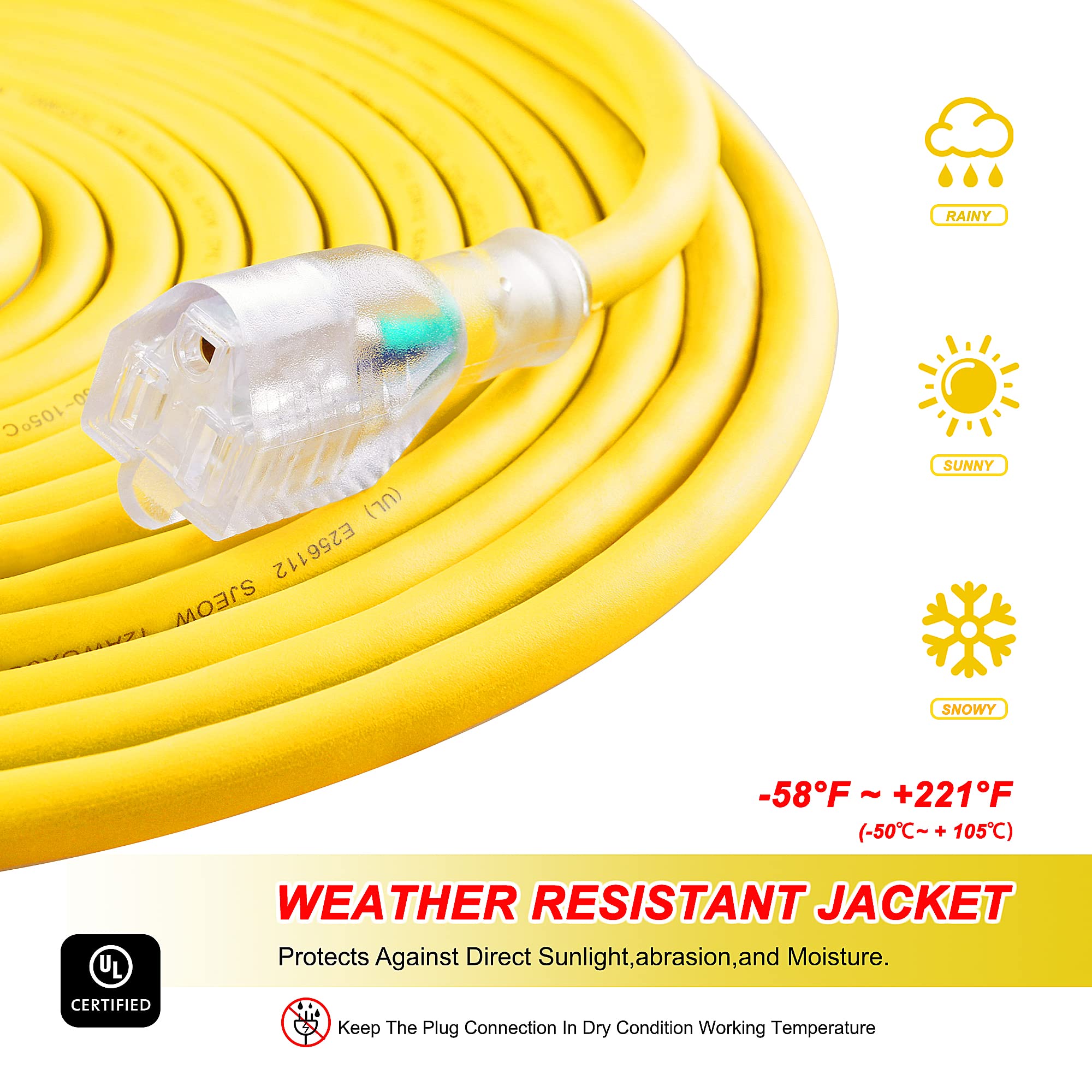Aweltec Outdoor 12/3 Extension Cord 12Awg 100Ft 15Amp 1875Watts, Tpe Rubber Sjeow ( 58F To +221F) Lighted Power Cord, Yellow, Ul