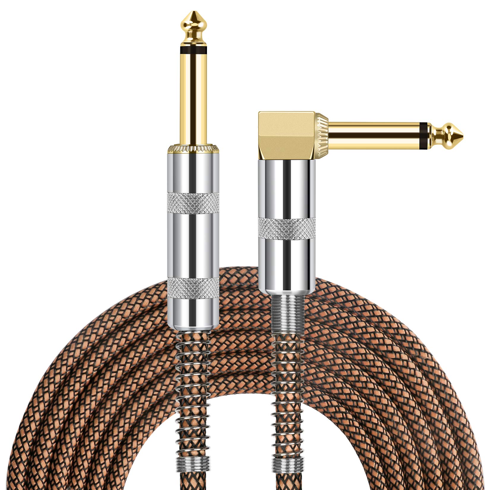 Jolgoo Guitar Cable, 1/4 Inch Cable 15 Ft, Straight To Right Angle 6.35Mm Plug Bass Keyboard Instrument Cable, Orange And Black