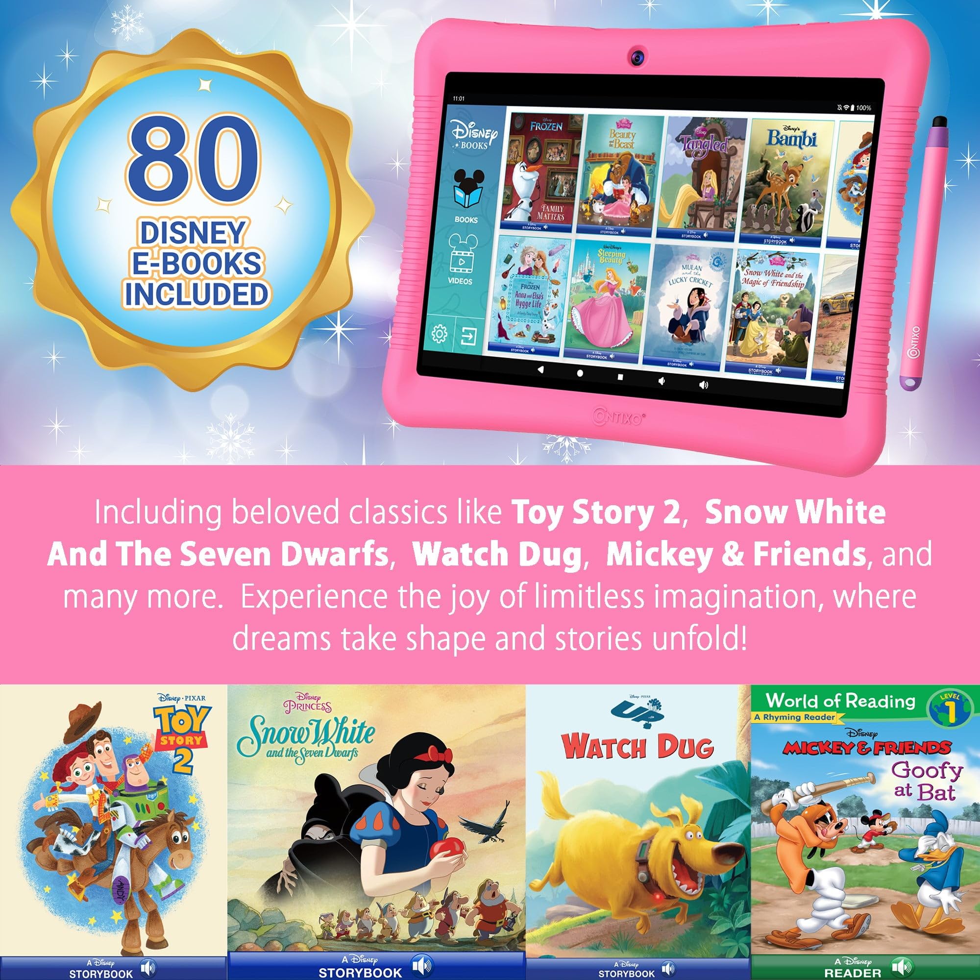 Contixo 10' Android Kids Tablet Bundle   32Gb, 80+ Disney Storybooks & Stickers, Parental Controls, Kid Proof Case With Kickstand & Stylus, Headphones & Sleeve Bag (2024 Model)   Pink
