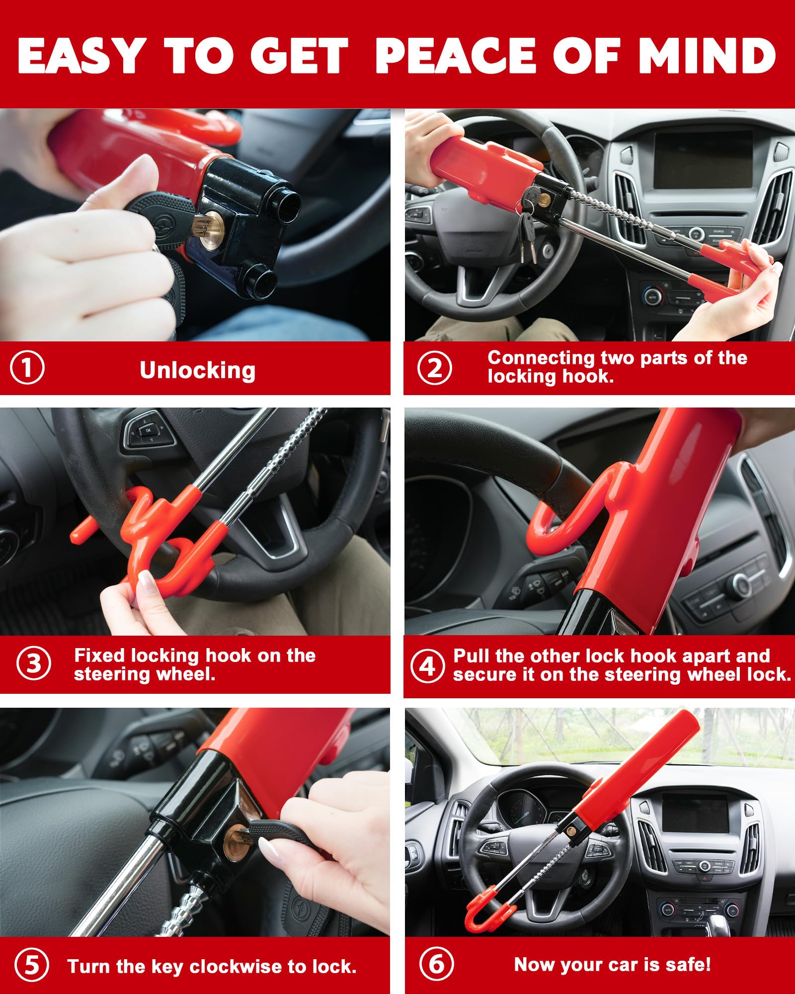 Tevlaphee Steering Wheel Lock Anti-Theft Car Device Heavy Duty Security Car Lock Antitheft Locking Devices Great Deterrent Adjus