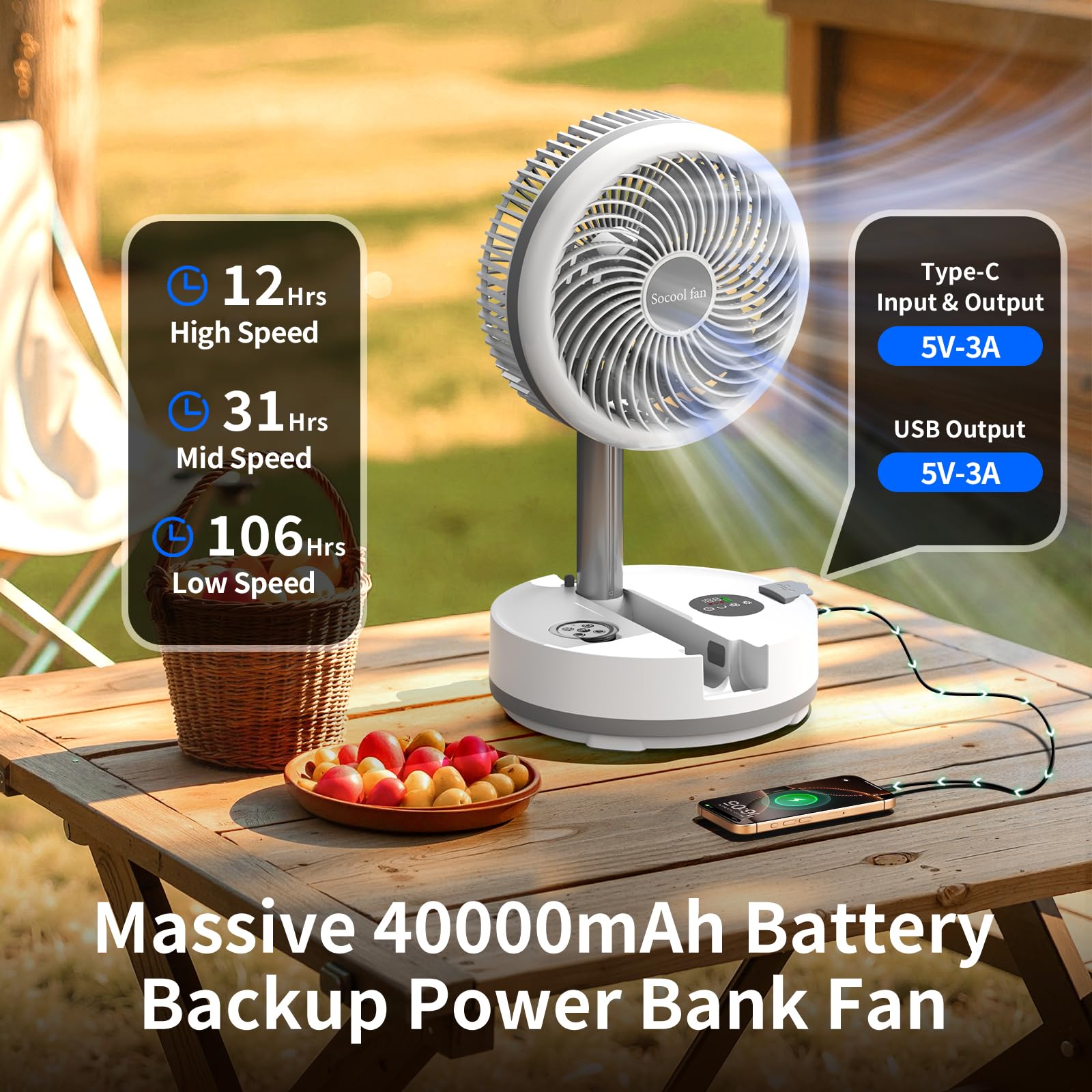 Socool 40000Mah Battery Operated Foldable Fan,Rechargeable Standing Fan, Remote Control & Colorful Light, Oscillating Telescopic
