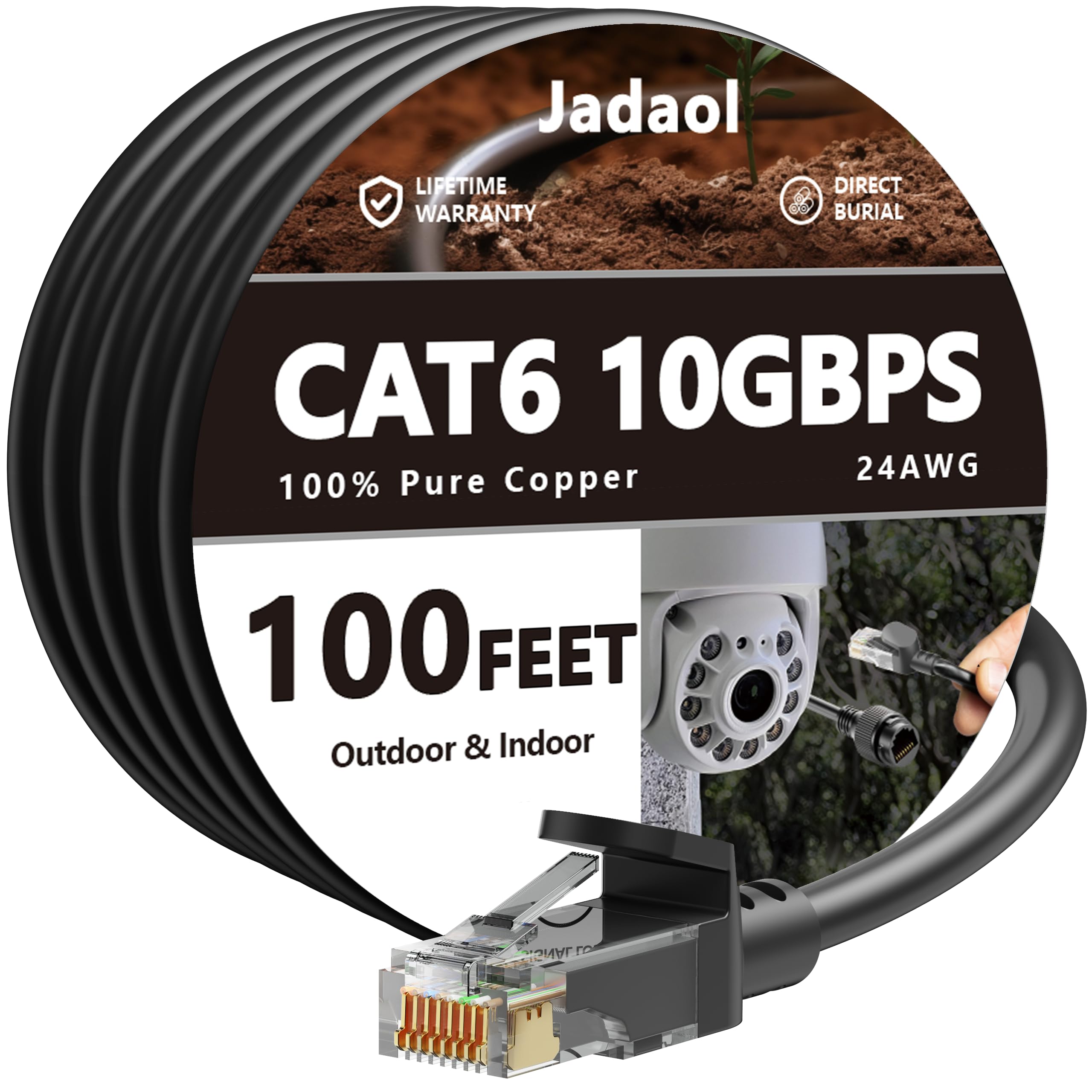 Cat 6 Outdoor Ethernet Cable 100 Ft, Support Cat8 Cat7 Network, 10Gbps 24Awg Pure Copper, Direct Burial In Ground Waterproof Uv