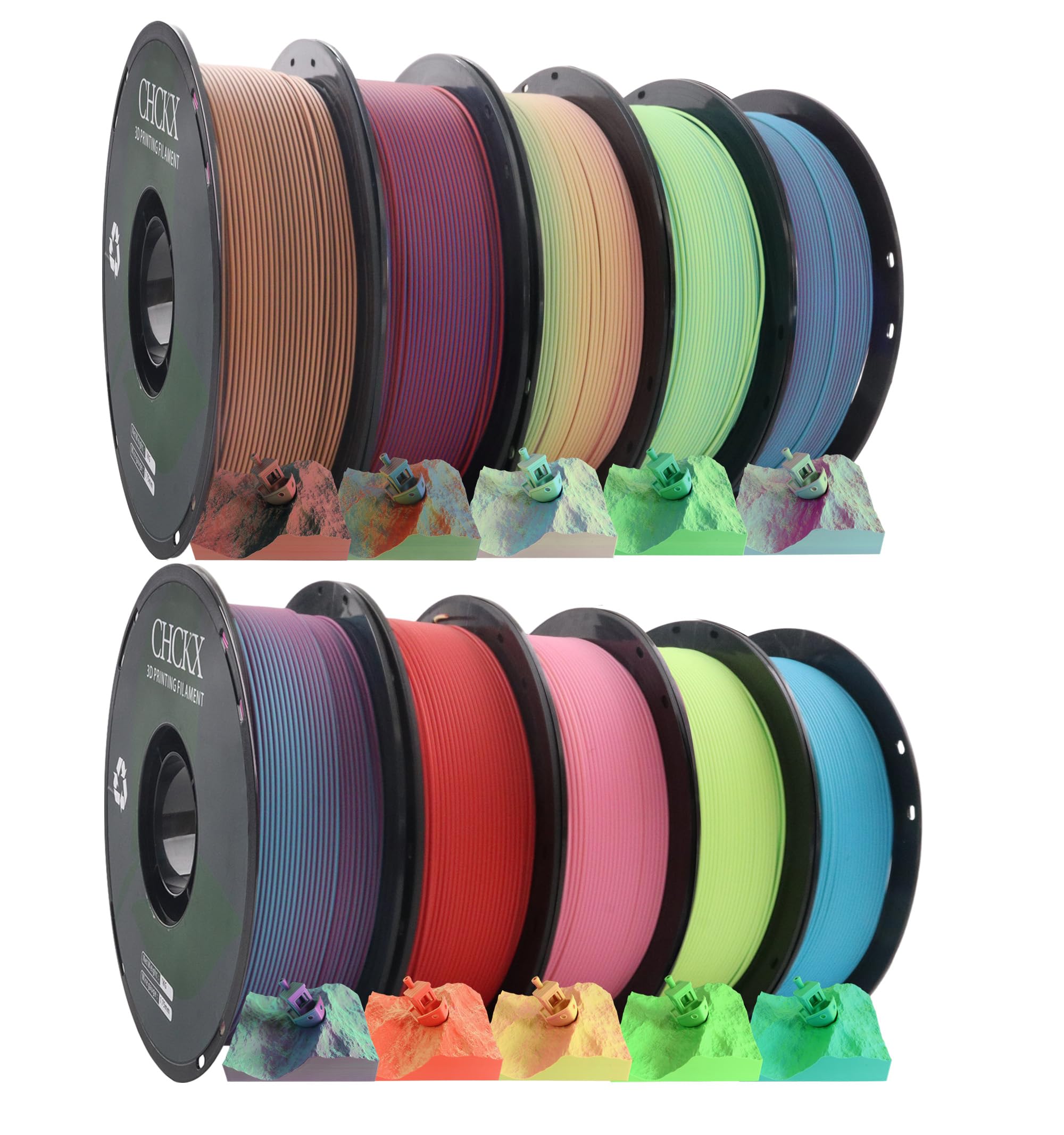 CHCKX Matte PLA 3D Printer Filament Bundle, 10 Rolls, Dimensional Accuracy +/- 0.02 mm, 1kg (2.2lbs), 1.75 mm PLA Filament for M