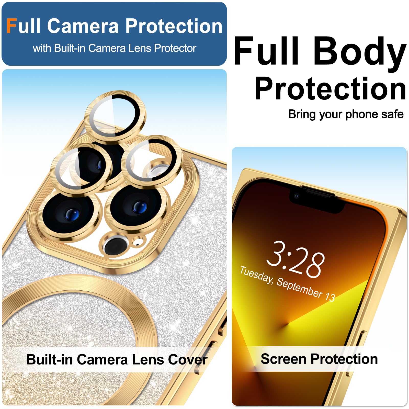 Hython For Iphone 13 Pro Max Case Clear Magnetic Glitter Phone Cases [Compatible With Magsafe] Full Camera Lens Protector Gradie