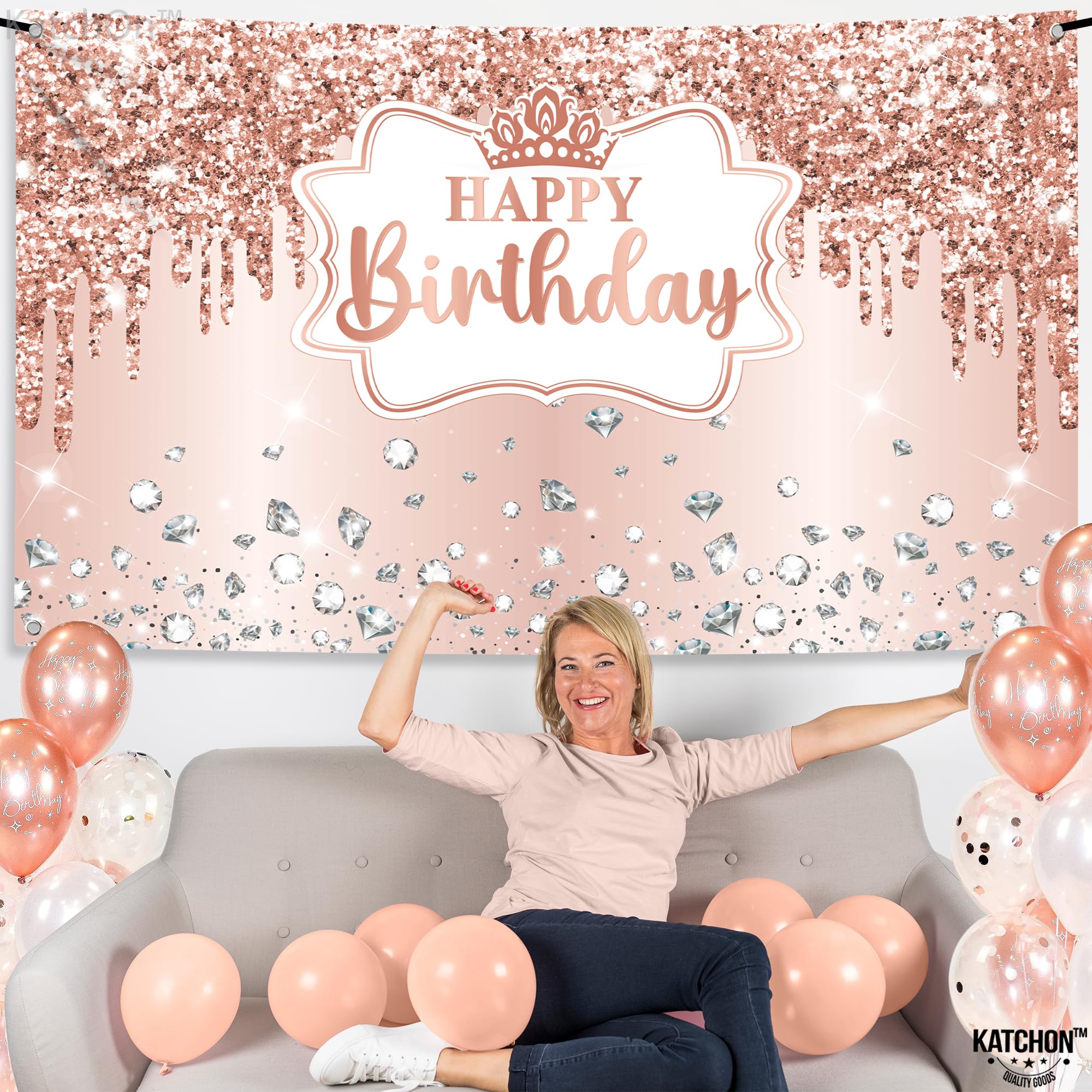 Katchon, Xtralarge Rose Gold Happy Birthday Banner   72X44 Inch | Pink Happy Birthday Decorations For Women | Rose Gold Happy Bi