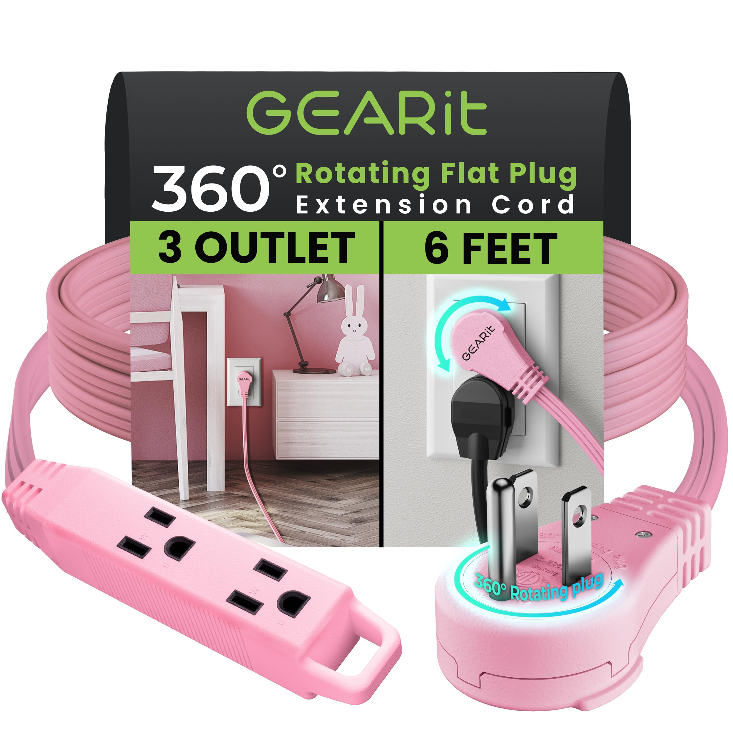 Gearit 360 Rotating Flat Plug Short Extension Cord With 3 Outlets (6Ft, Pink) 16Awg/13A 3 Prong Wire, Outlet Saver For Home Offi