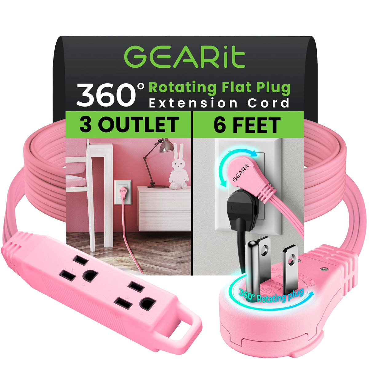 Gearit 360 Rotating Flat Plug Short Extension Cord With 3 Outlets (6Ft, Pink) 16Awg/13A 3 Prong Wire, Outlet Saver For Home Offi