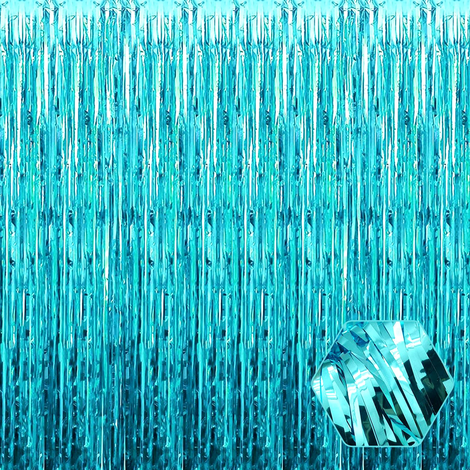 3 Pack Lake Blue Foil Fringe Curtain Backdrop, 3.28Ft X 8.2Ft Metallic Tinsel Foil Fringe Streamer Curtains For Photo Booth, Chr