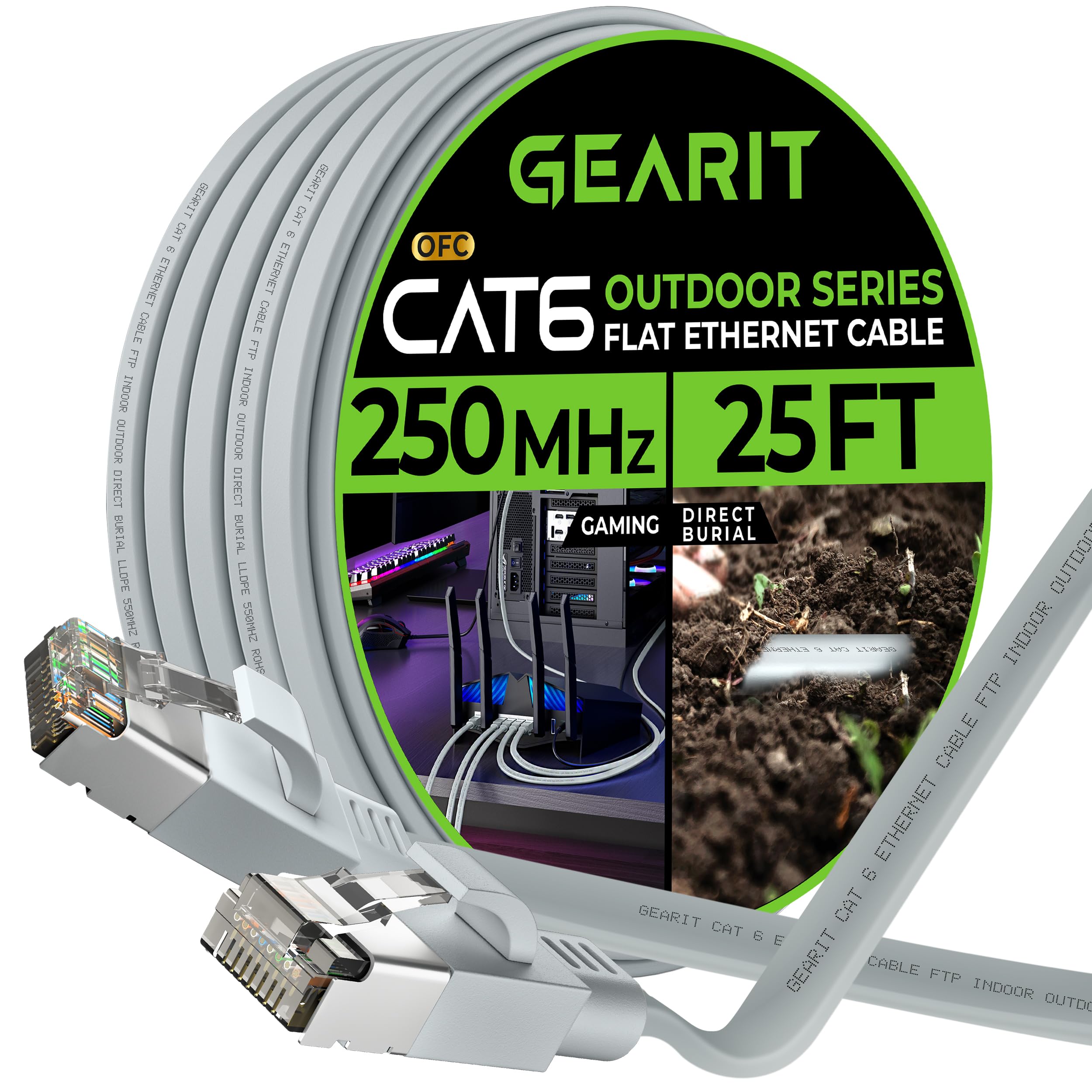 Gearit Cat 6 Outdoor Flat Ethernet Cable (25Ft, Gray) Direct Burial Rated Lldpe Jacket   Indoor Cat6 Shielded Ftp 10Gbps High Sp
