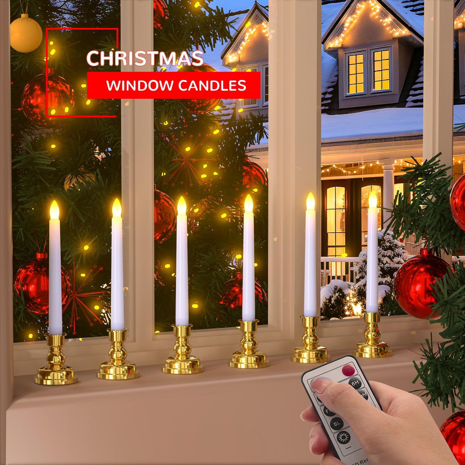 Pchero Window Candles With Remote Timer, 6 Packs 7.9'' Battery Operated Flameless Led Taper Candles Lights With Removable Gold C