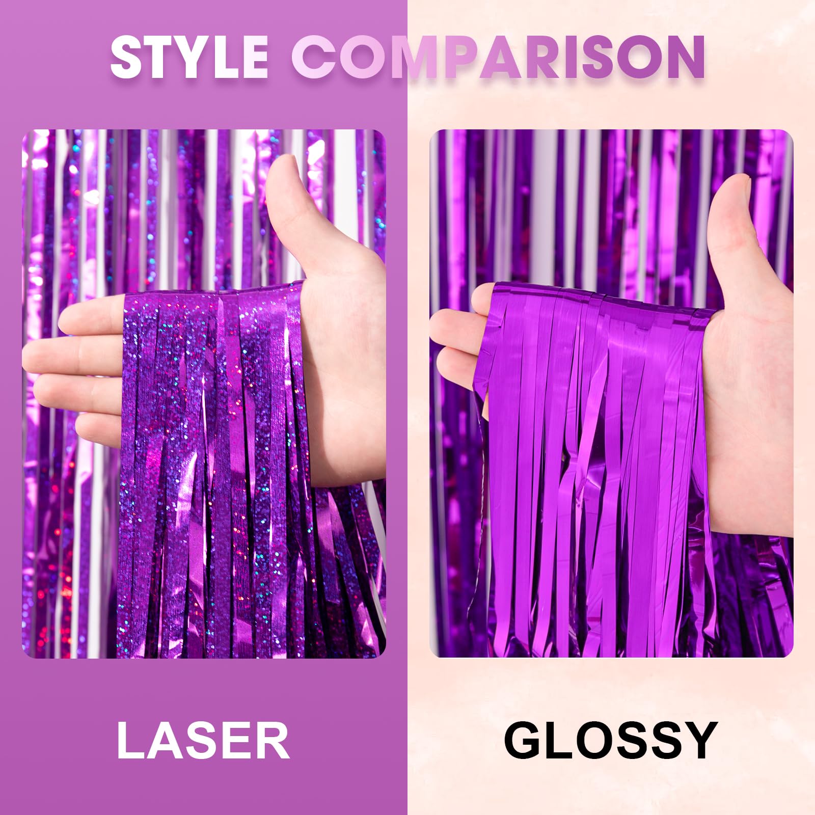 Voircoloria 3 Pack 3.3 X 8.2 Ft Laser Purple Foil Fringe Backdrop Curtains, Tinsel Streamers Birthday Party Decorations, Fringe