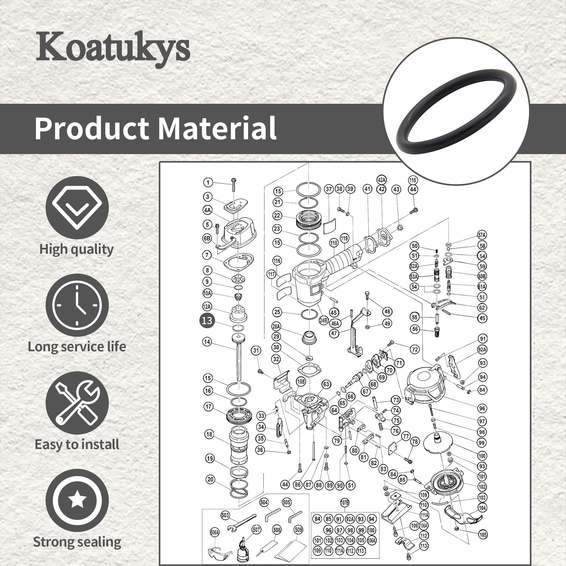 Koatukys 876 174 876174 Piston O Ring Replacement For Hitachi Nv45Aa Nv45Ab Nv45Ab2 Nv45Ab2(S) N5008Ac N5010A Nt50A Nt65A2 Naile