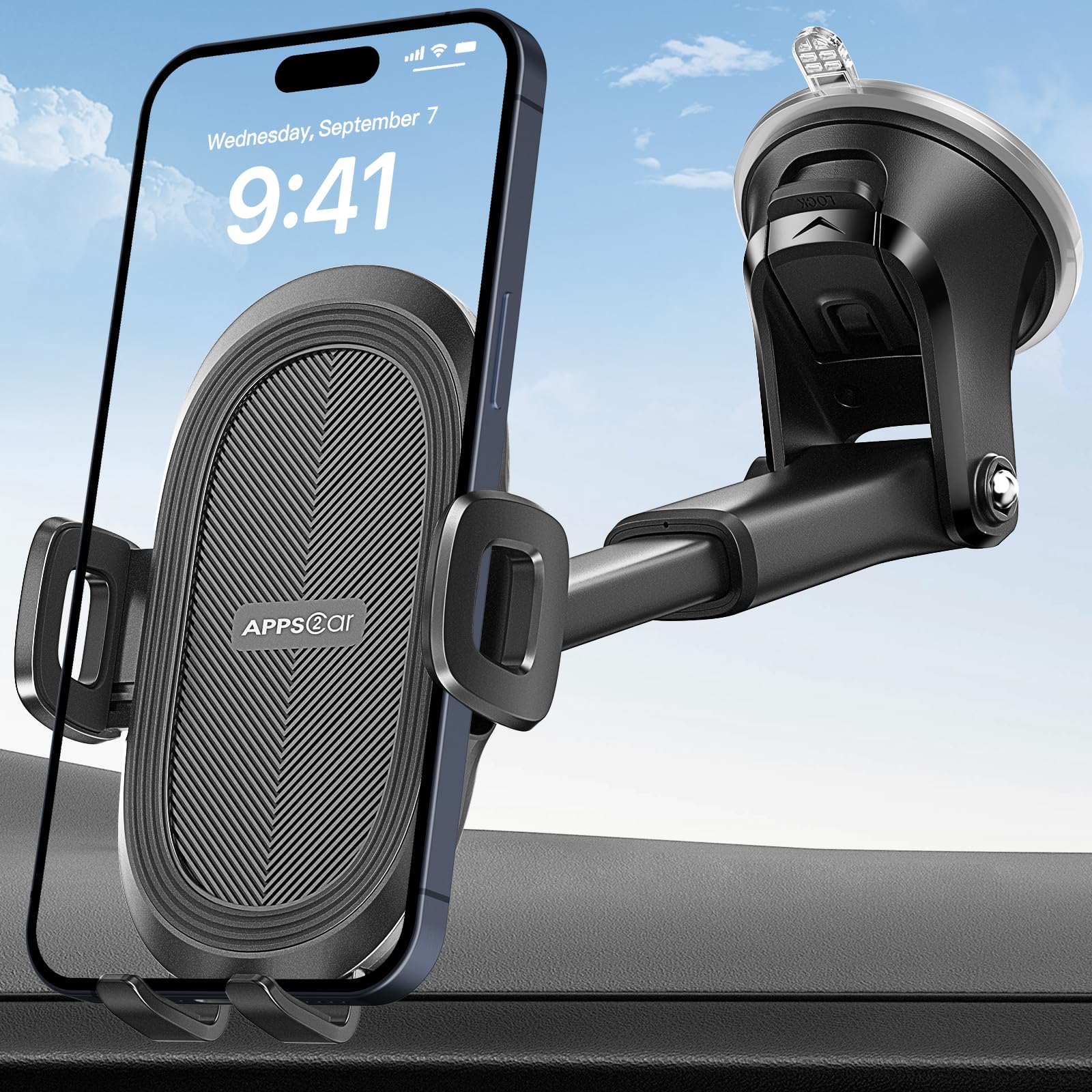 Apps2Car Suction Cup Phone Mount, Universal Phone Holders For Your Car Windshield/Dashboard/Window, Cell Phone Holder Car With Sticky Gel Pad, Compatible With Iphone, Samsung, All Cellphone