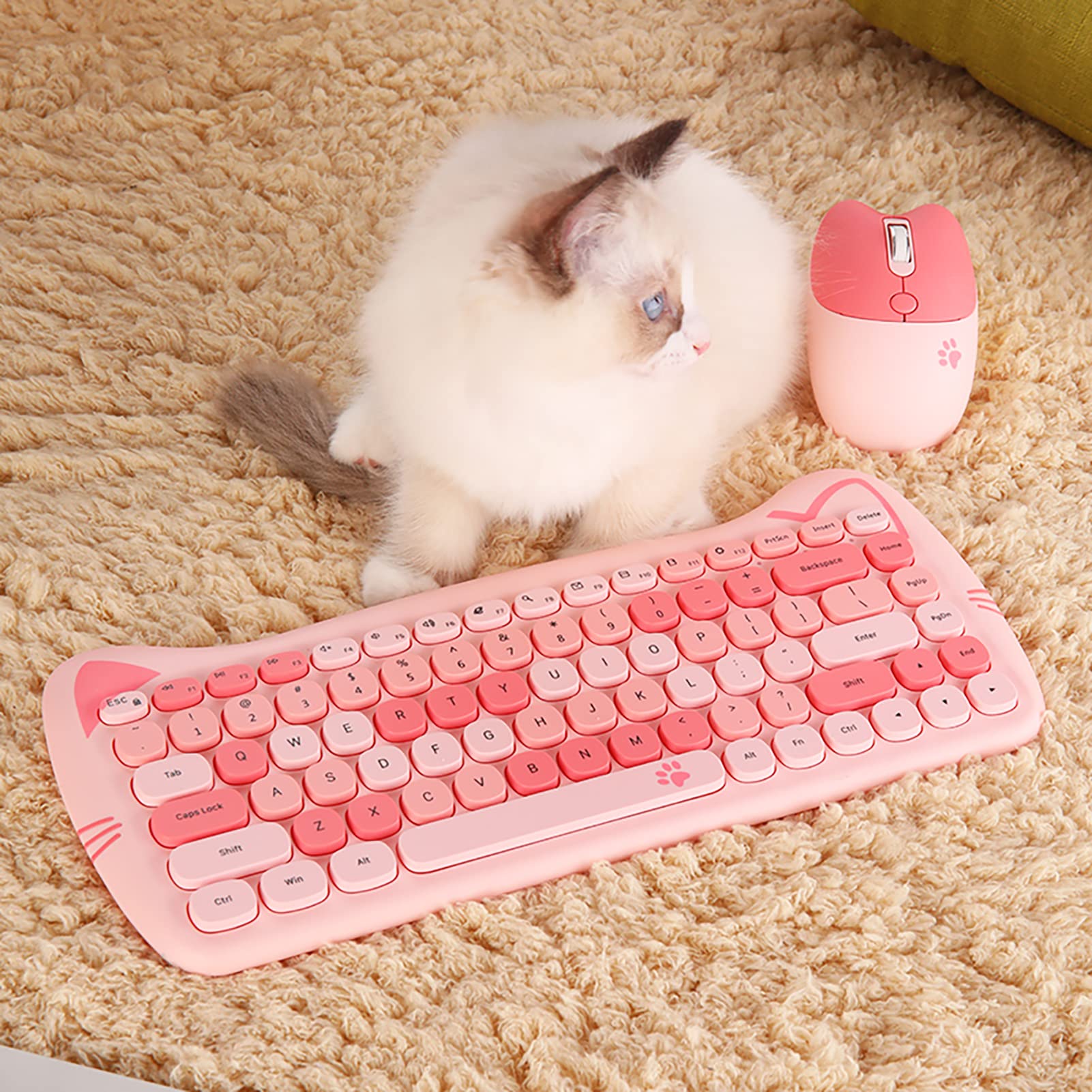 Cute Cat 2.4G Usb Wireless Keyboard And Mouse Combo, Silent Keys, Candy Colors, Compatible With Notebook, Pc (Pink 84Keys)