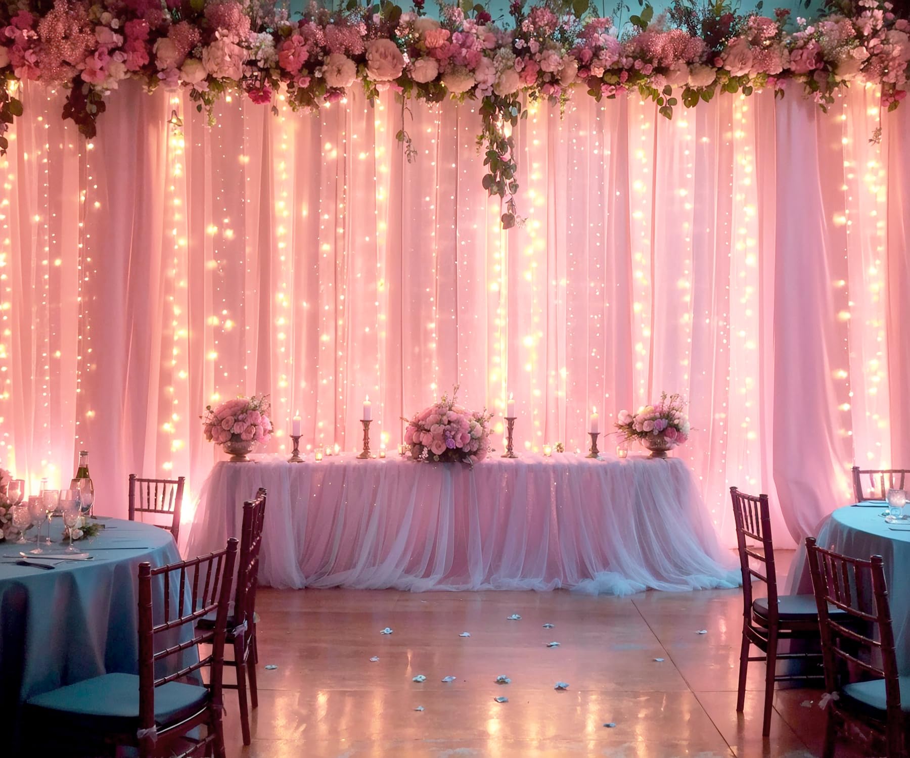 Pink Tulle Backdrop Curtains With Lights String For Parites 20Ft  8Ft Pink Sheer Backdrop Curtains For Baby Shower Girls Bridal