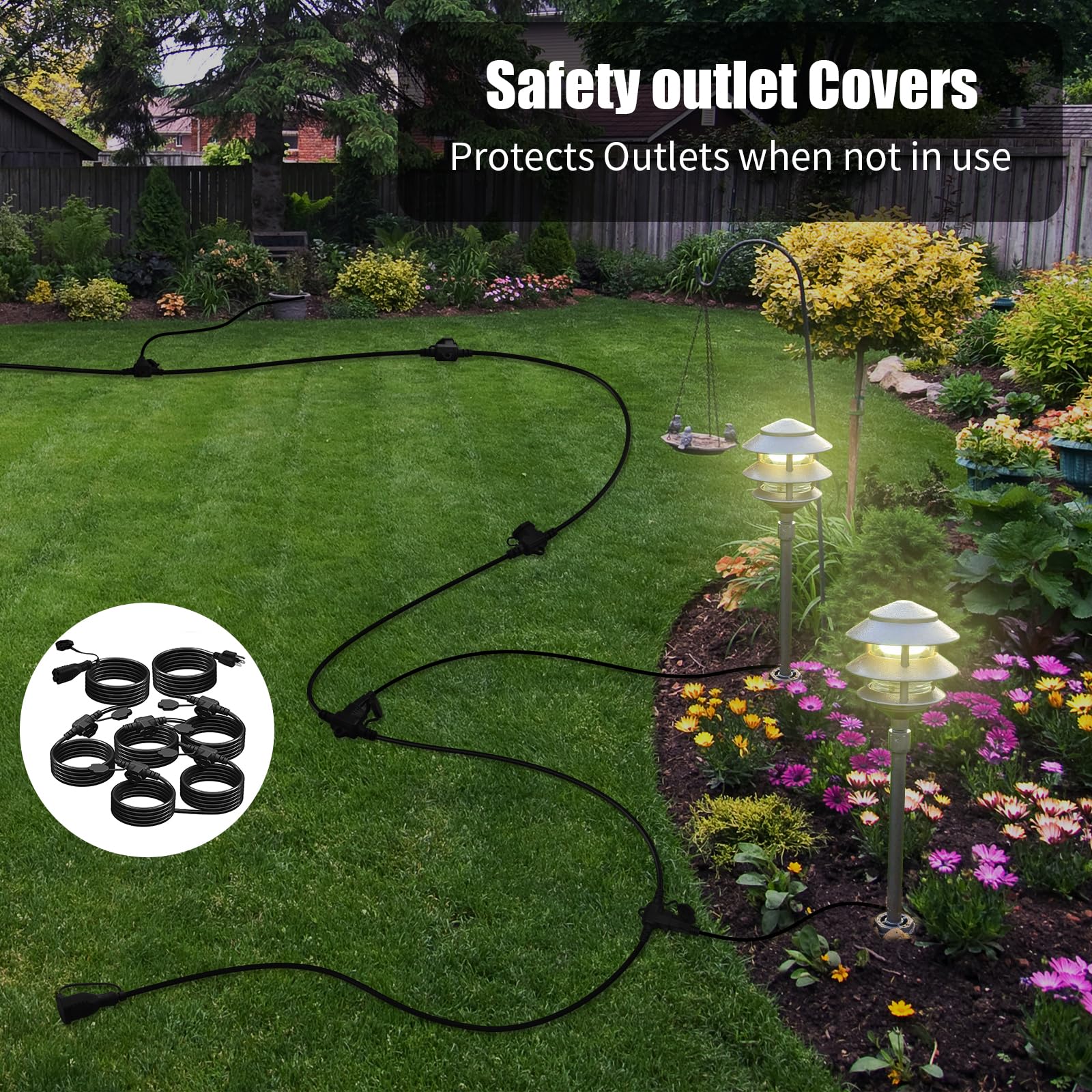 Makevivi 50Ft Outdoor Extension Cord   Evenly Spaced 6 Outlets Plugs With Safety Cover, 16/3 Sjtw Weatherproof Multi Outlet Exte