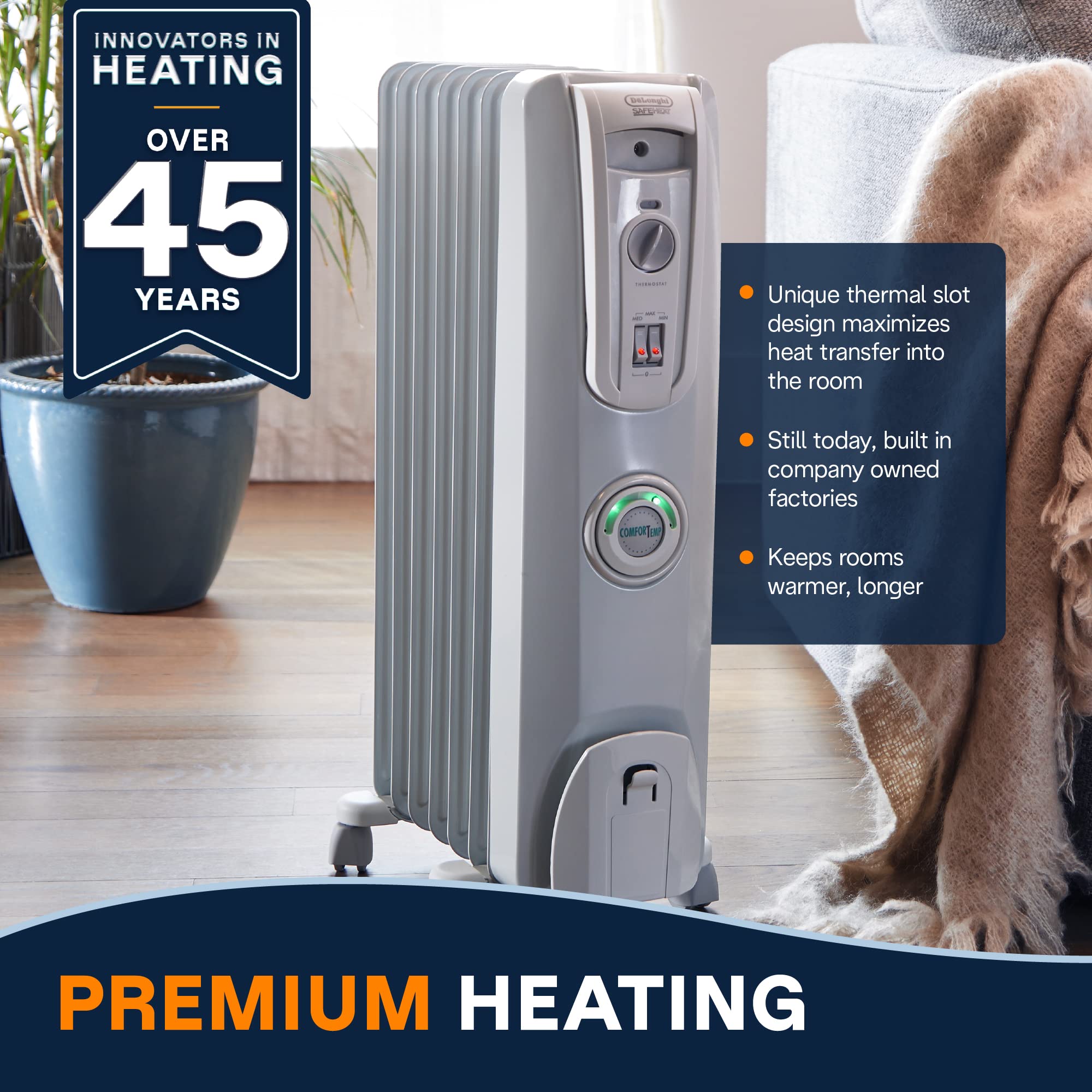 De'Longhi Oil Filled Radiator Heater, 1500W Electric Space Heater For Indoor Use, Portable Room Heater, Energy Saving, Full Room