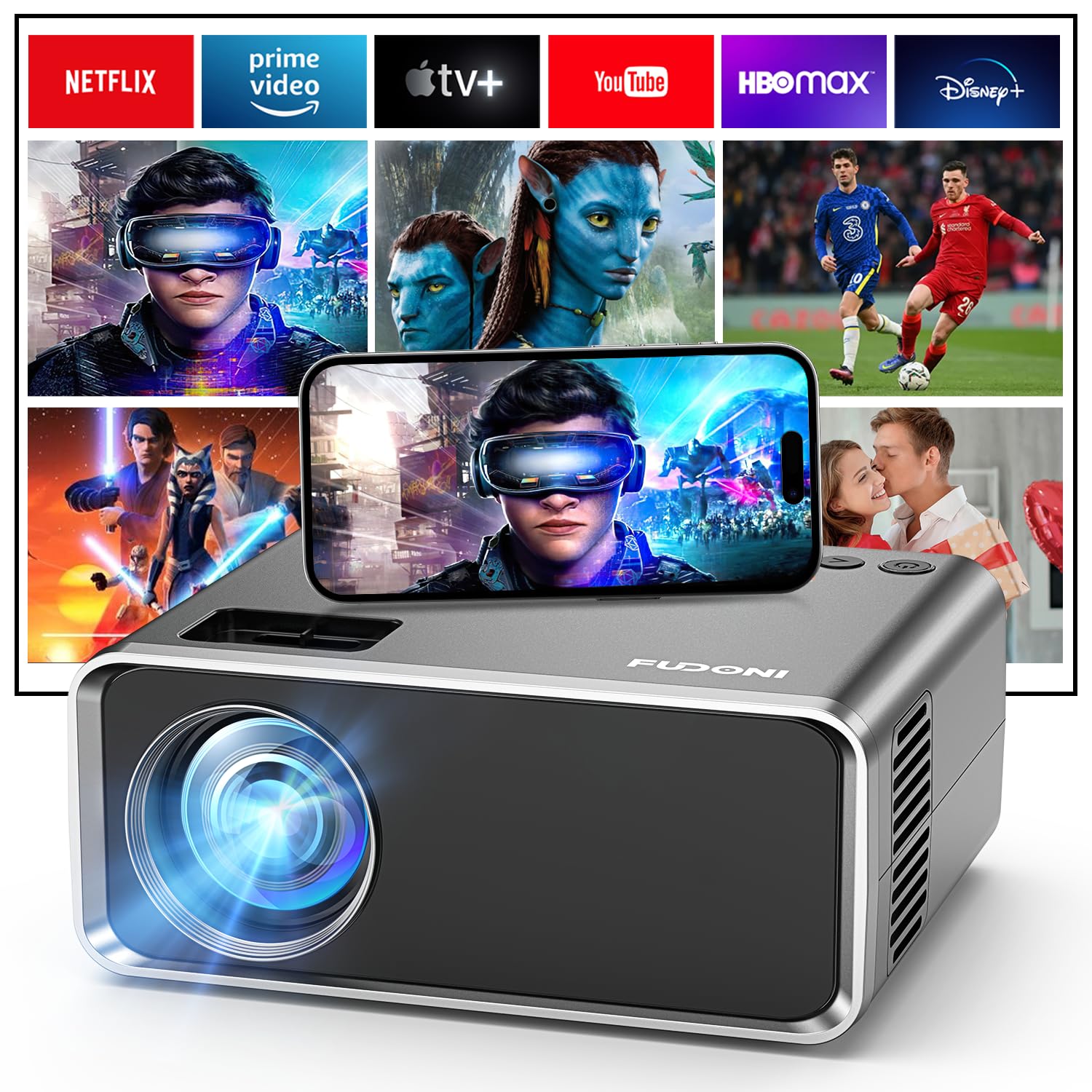Fudoni Projector With Wifi And Bluetooth, Upgraded 5G Portable Projectors 4K Supported Native 1080P 12000L, Outdoor Led Movie Pr