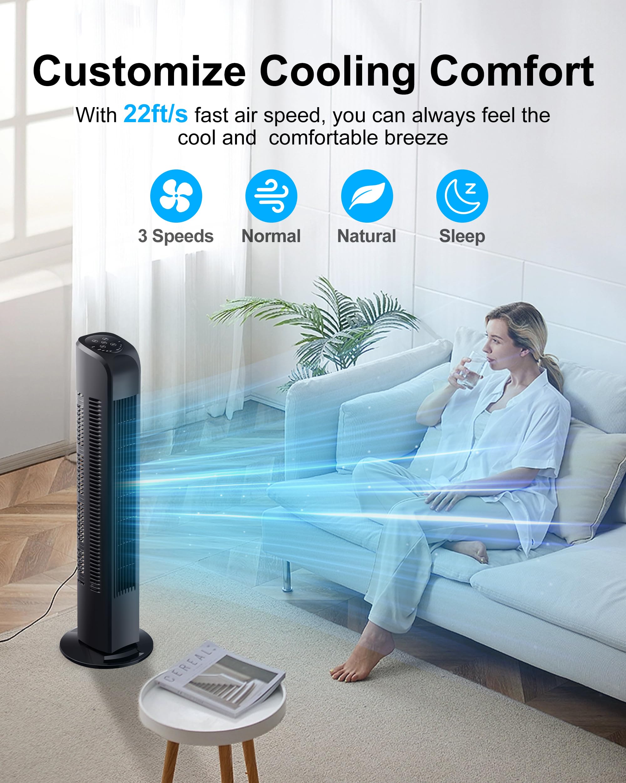 Uthfy Oscillating Tower Fan With Remote, Electric Standing Tower Fan Floor Fan For Bedroom Indoor Office And Home Use,Quiet Cool