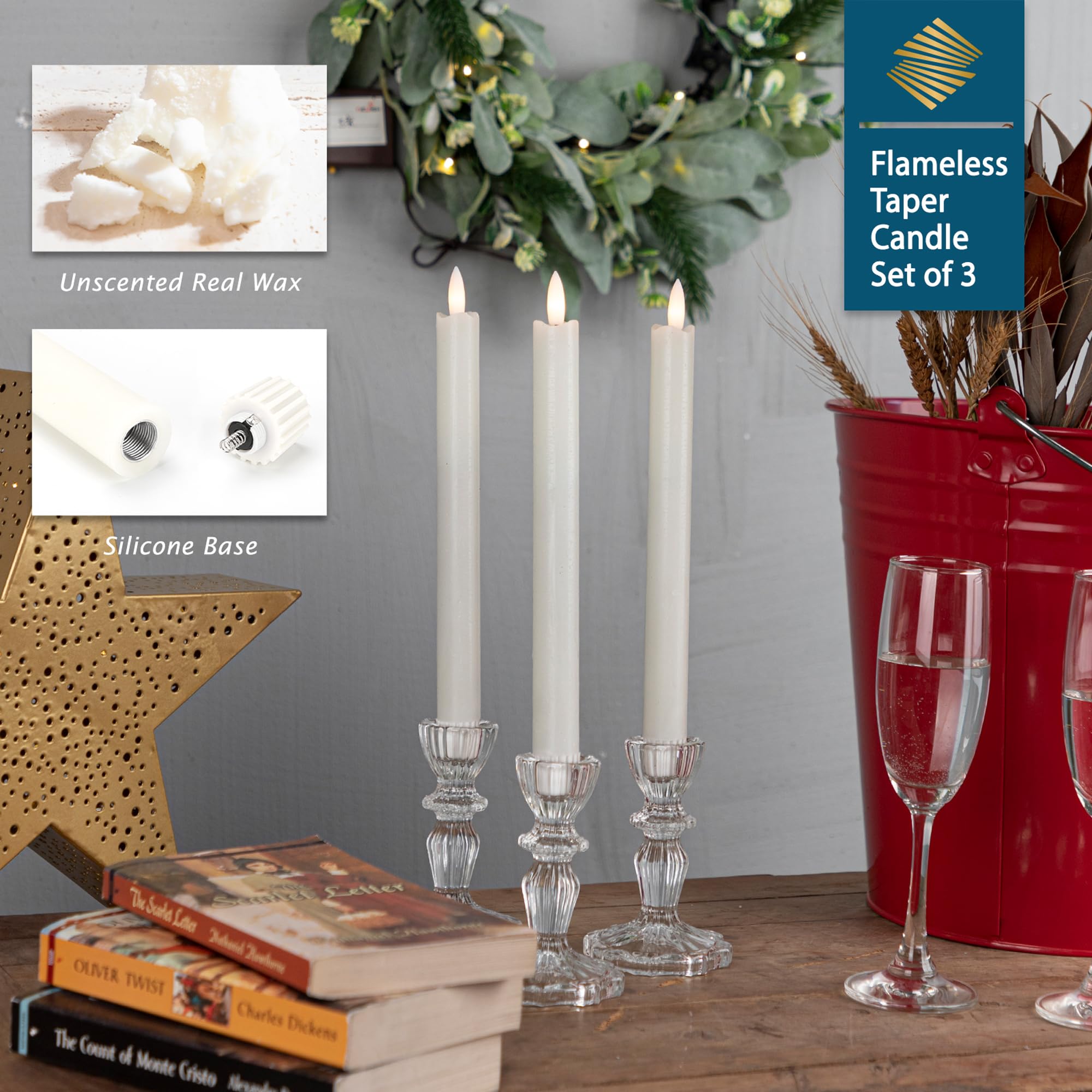 Sehnsy Flameless Taper Candles With Remote, Real Wax Battery Operated Led Candles Set With 3D Flickering Flame, 9.6'' Realistic