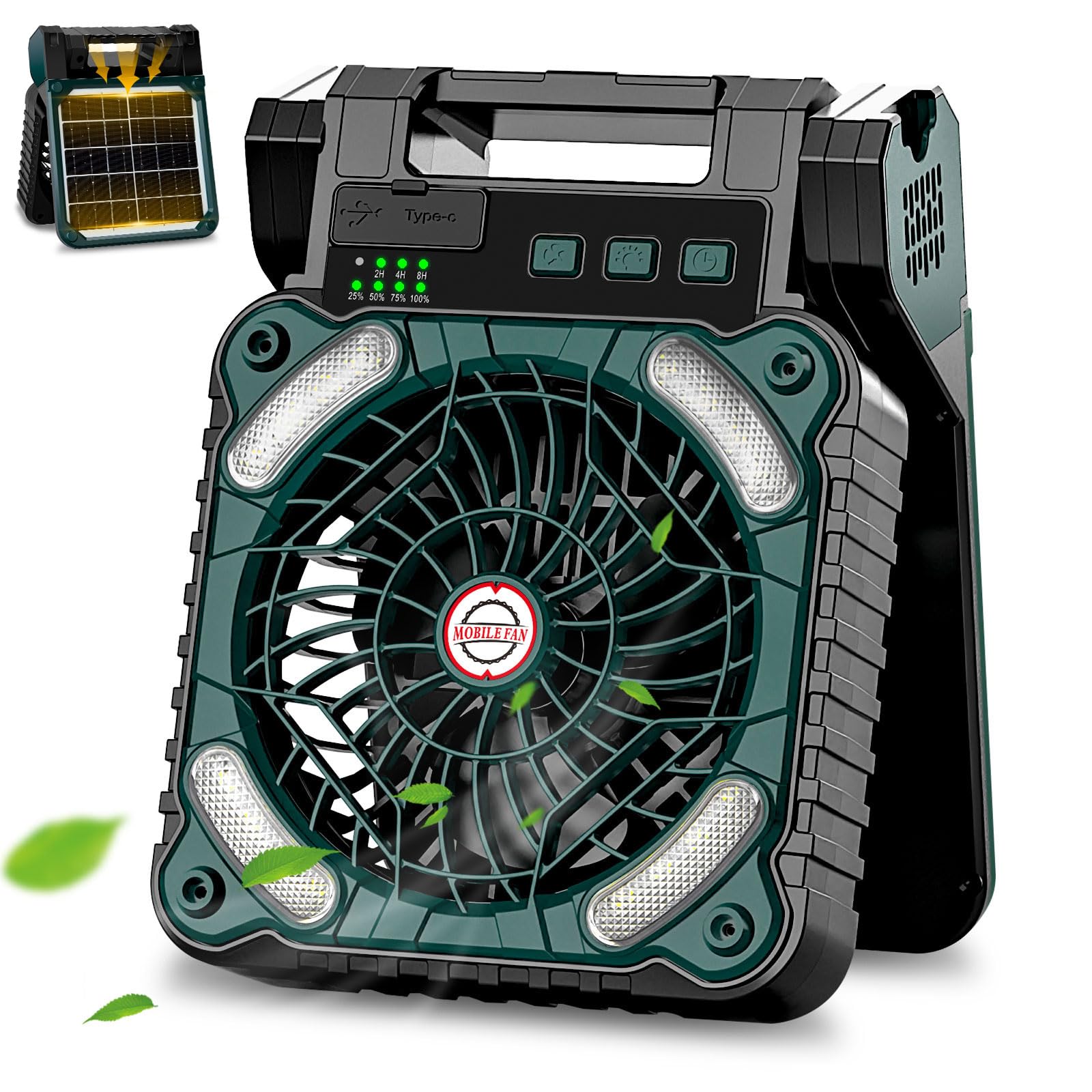Sendowtek Portable Battery Fan With Solar Panel, 10400Mah Rechargeable Fan With Timer Led Light Small Usb Battery Powered Campin