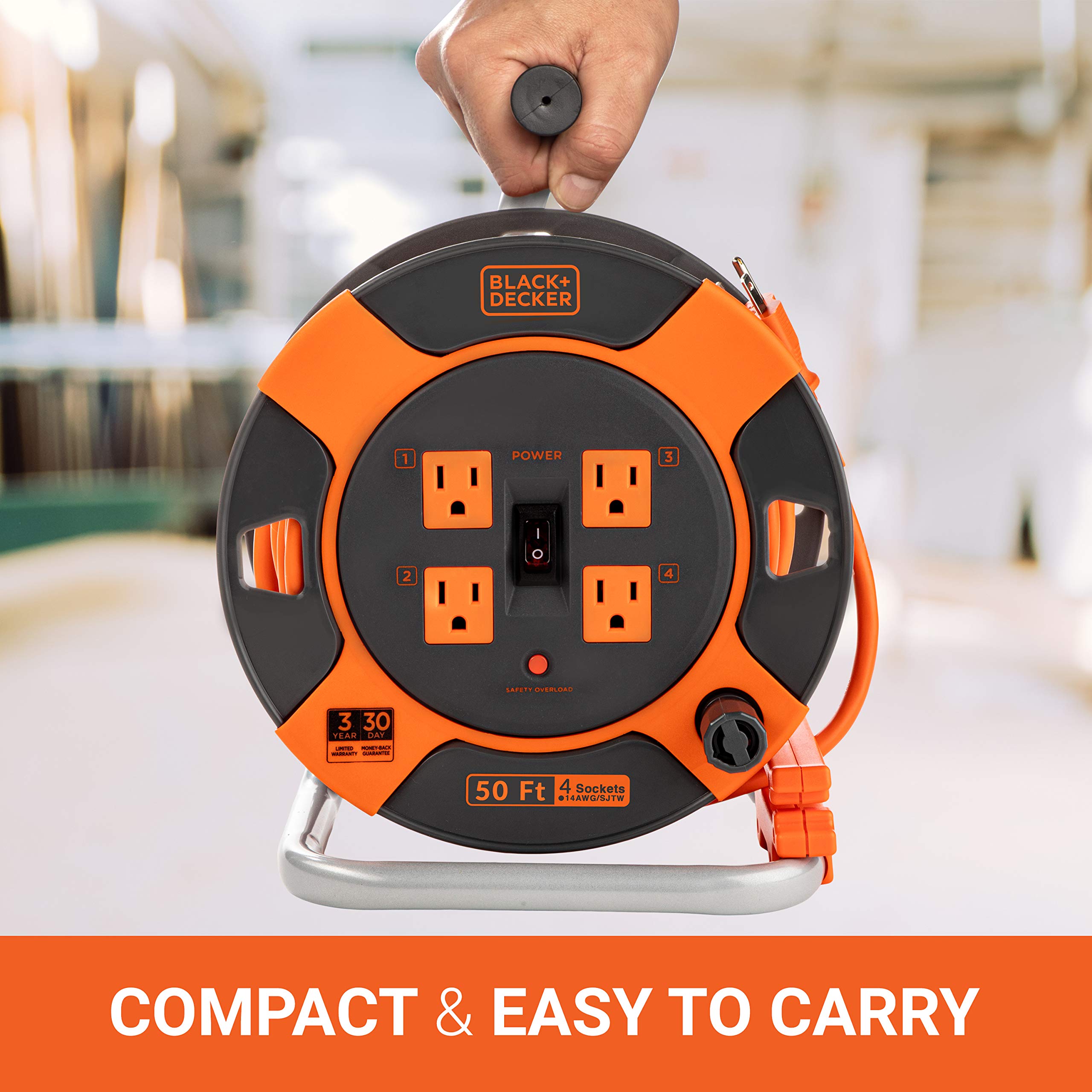 Black+Decker 50 Ft. Retractable Extension Cord Reel With 4 Outlets, Multi Plug Extension, Easy Handle Rewind & Heavy Duty 14Awg