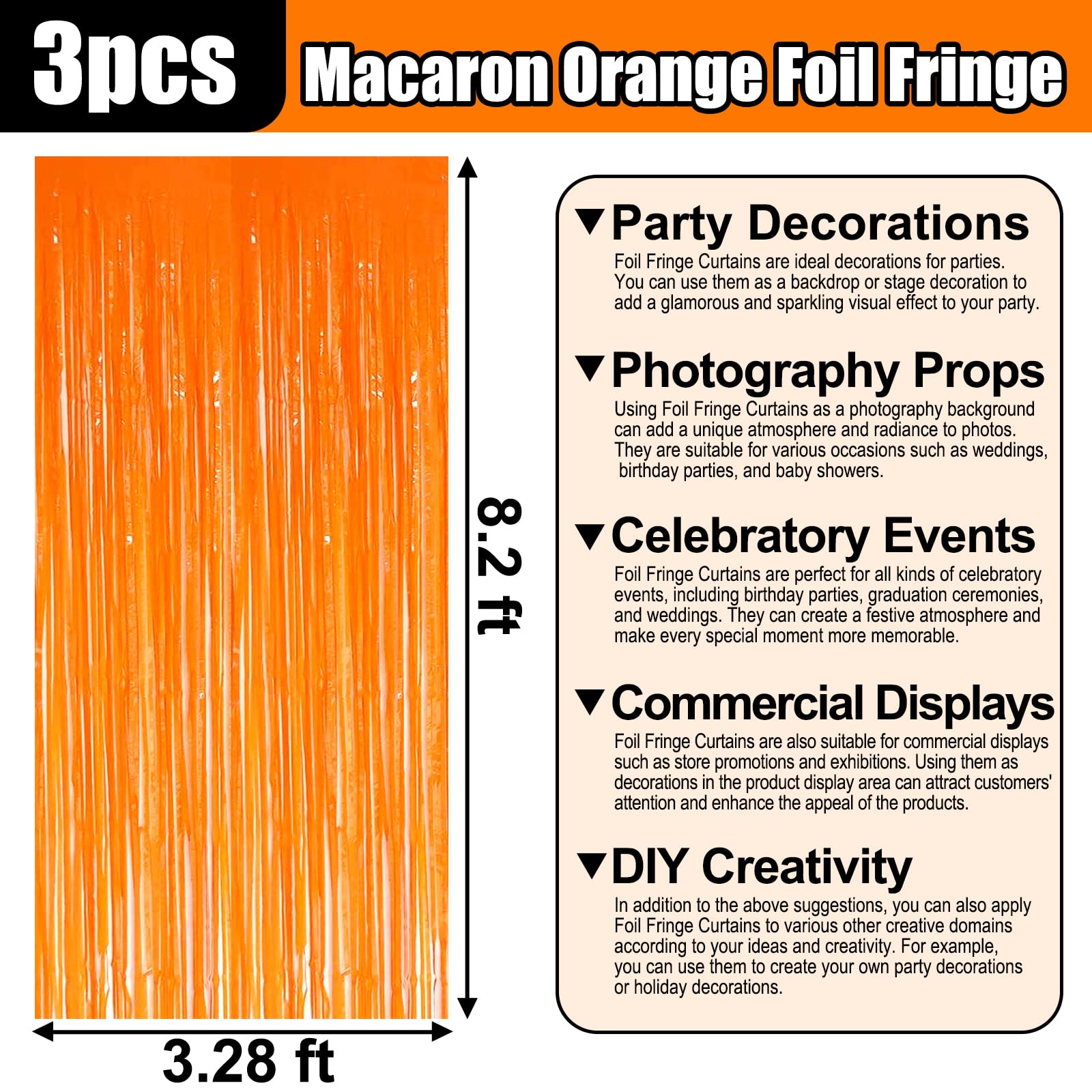 3 Pack Macaron Orange Foil Fringe Curtain Backdrop, 3.28Ft X 8.2Ft Metallic Tinsel Foil Fringe Streamer Curtains For Photo Booth