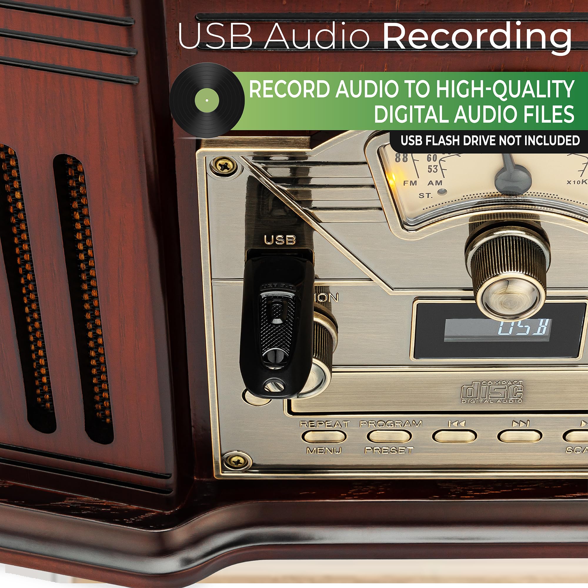 Clearclick All In One Turntable With 3 Speed Record Player, Bluetooth, Cd, Cassette Tape, Am/Fm Radio, Aux, Usb, Built In Speake