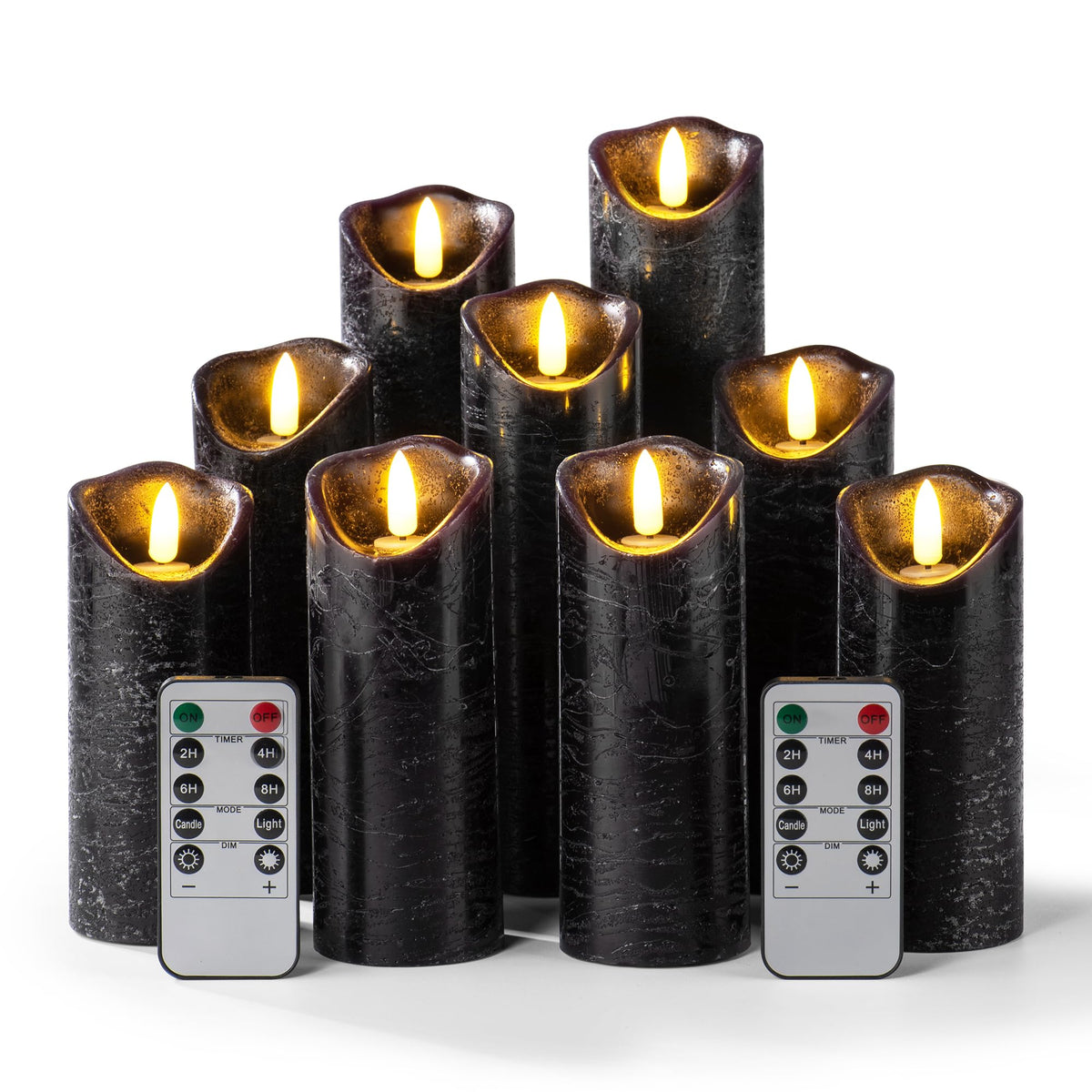 Pandaing Set Of 9 Black Regular Textured Flameless Candles Battery Operated Led Real Wax Flickering Electric Candles With Remote