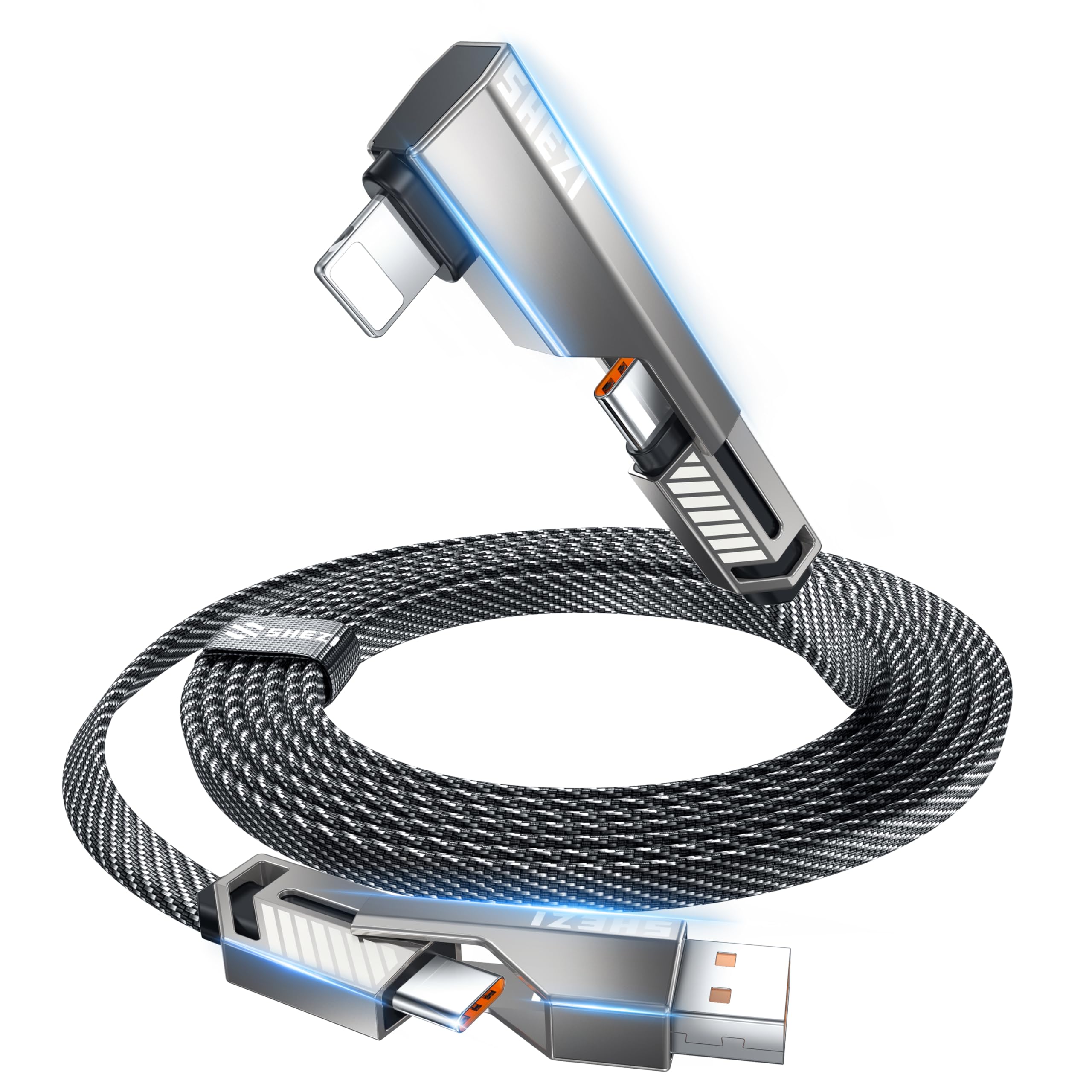 Shezi 4 In 1 [Upgraded] Usb C Cable 45W 10Ft Lightning Cable 90 Degree, Long Fast Charging Flat Nylon Braided For Iphone Ipad Ch