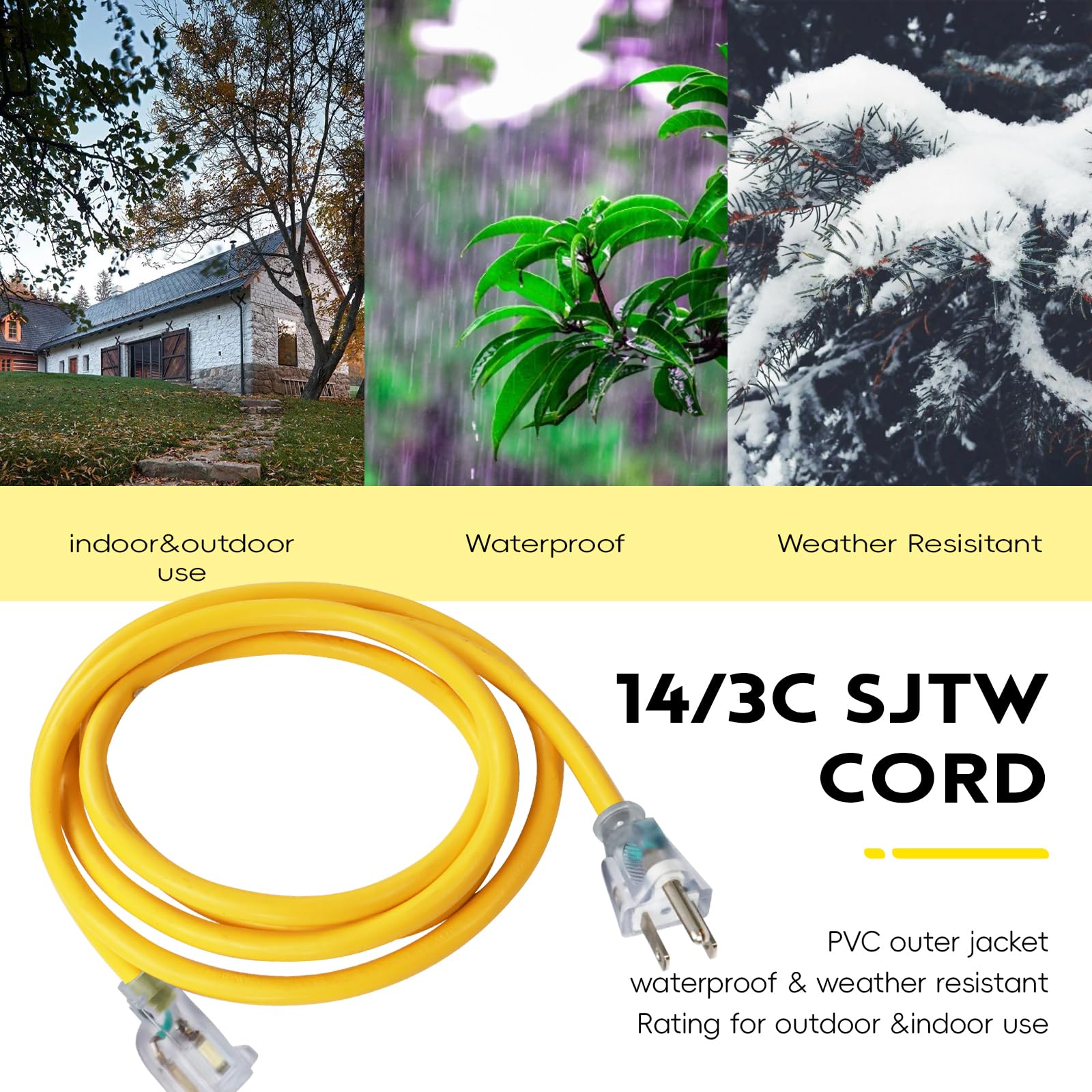 Ep 25 Ft 14/3 Lighted Outdoor Extension Cord   14 Gauge Sjtw Heavy Duty Yellow Extension Cable With 3 Prong Grounded Plug, Great