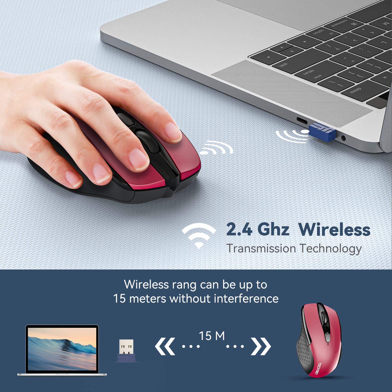 Tecknet Wireless Mouse, 2.4G Ergonomic Optical Mouse, Computer Mouse For Laptop, Pc, Computer, Chromebook, Notebook, 6 Buttons, 24 Months Battery Life, 4000 Dpi, 6 Adjustment Levels