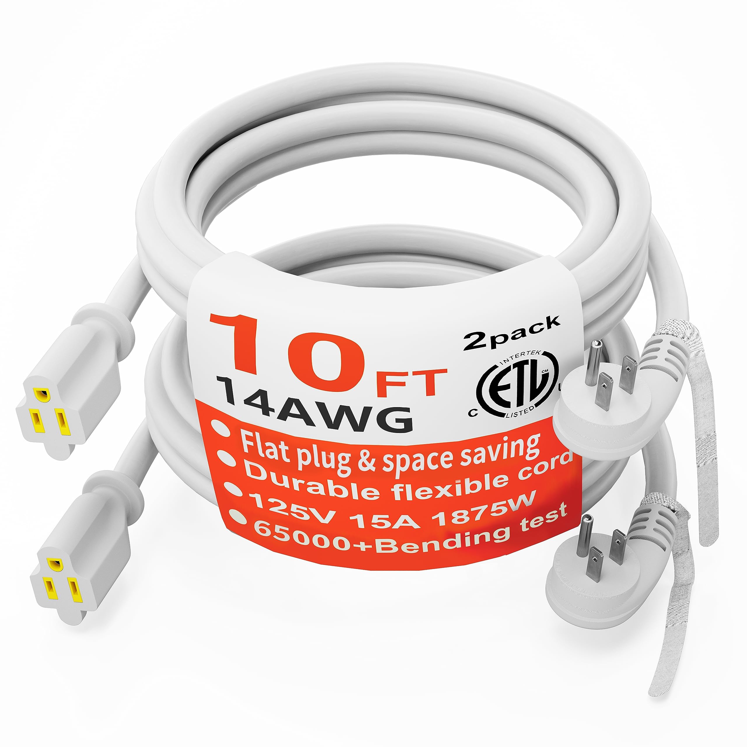 Huanchain 14 Gauge 10 Ft (2Pack) Flat Plug Extension Cord White Indoor Outdoor, Heavy Duty 3 Prong Grounded Low Profile Extensio