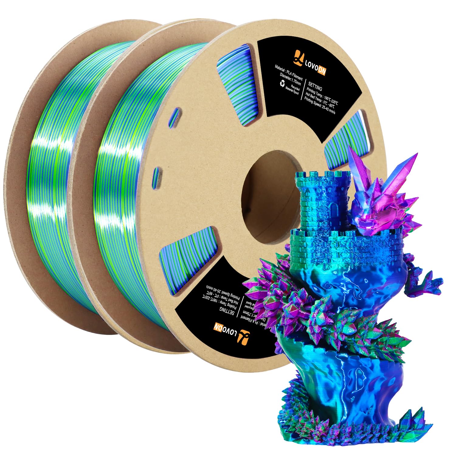 Lovoon Silk Pla 3D Printing Filament Bundle 2Kg, Pla Filament 1.75Mm Shiny Tricolor Pack, Fast Color Change 3D Printer Filament,