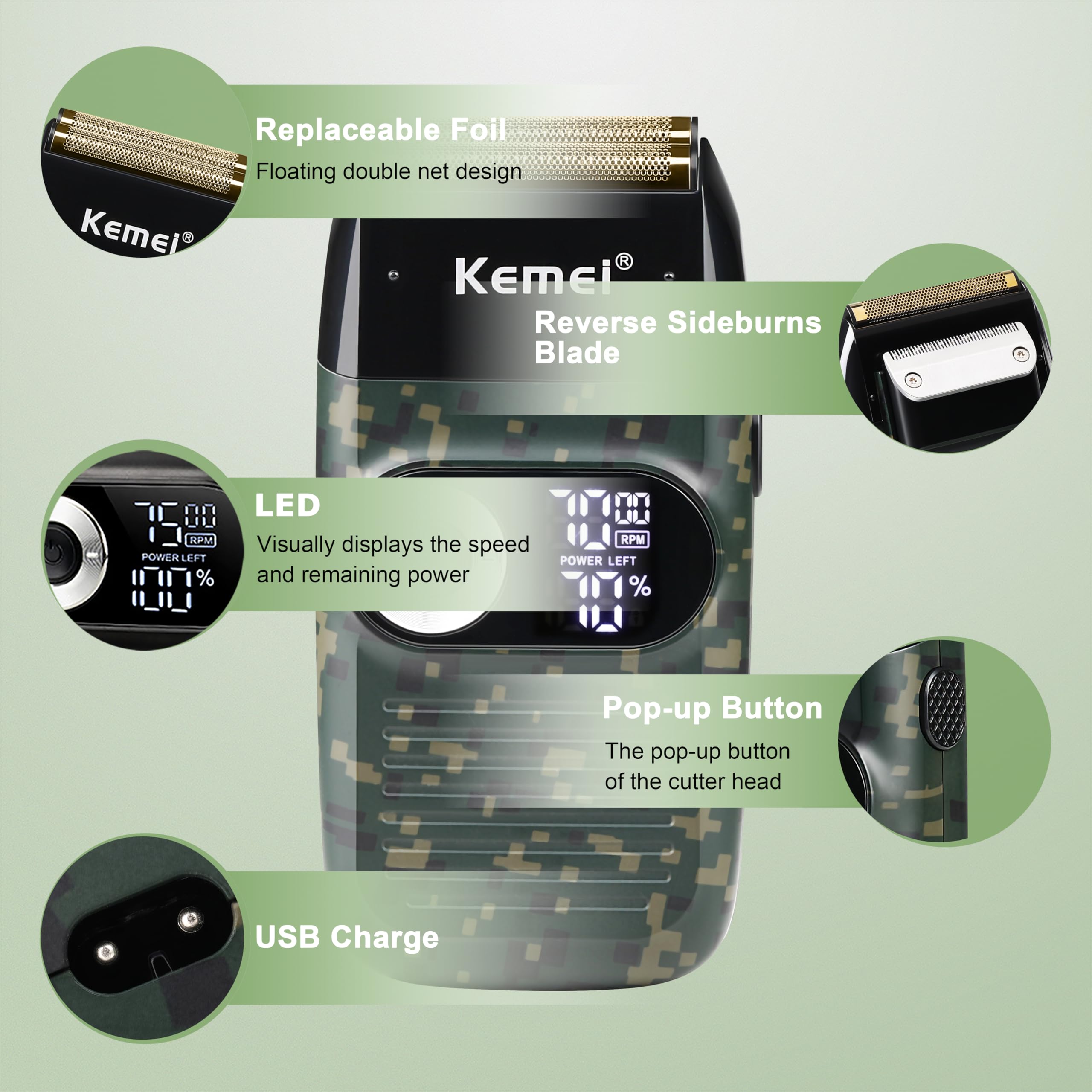 Kemei Foil Professional Electric Shaver For Men Razor With Bald Trimmer Cordless Shavers Rechargeble Led Display 2 In 1